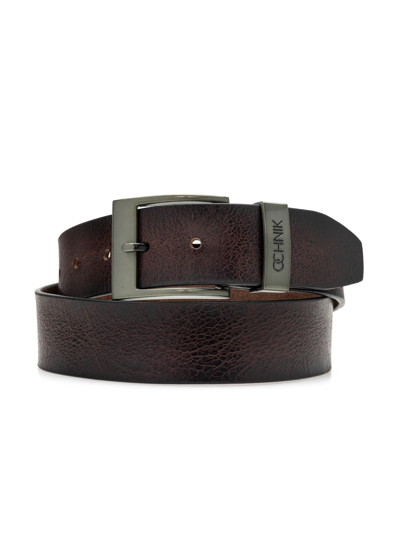 Men's dark brown leather belt PASMS-0274-88(Z25), front product view on white background.