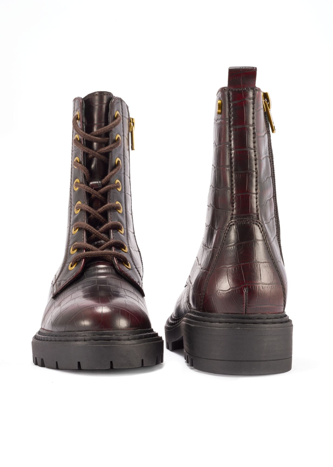 Burgundy women's croco ankle boots BUTYD-1192-4E(Z26), front and back product view on white background.