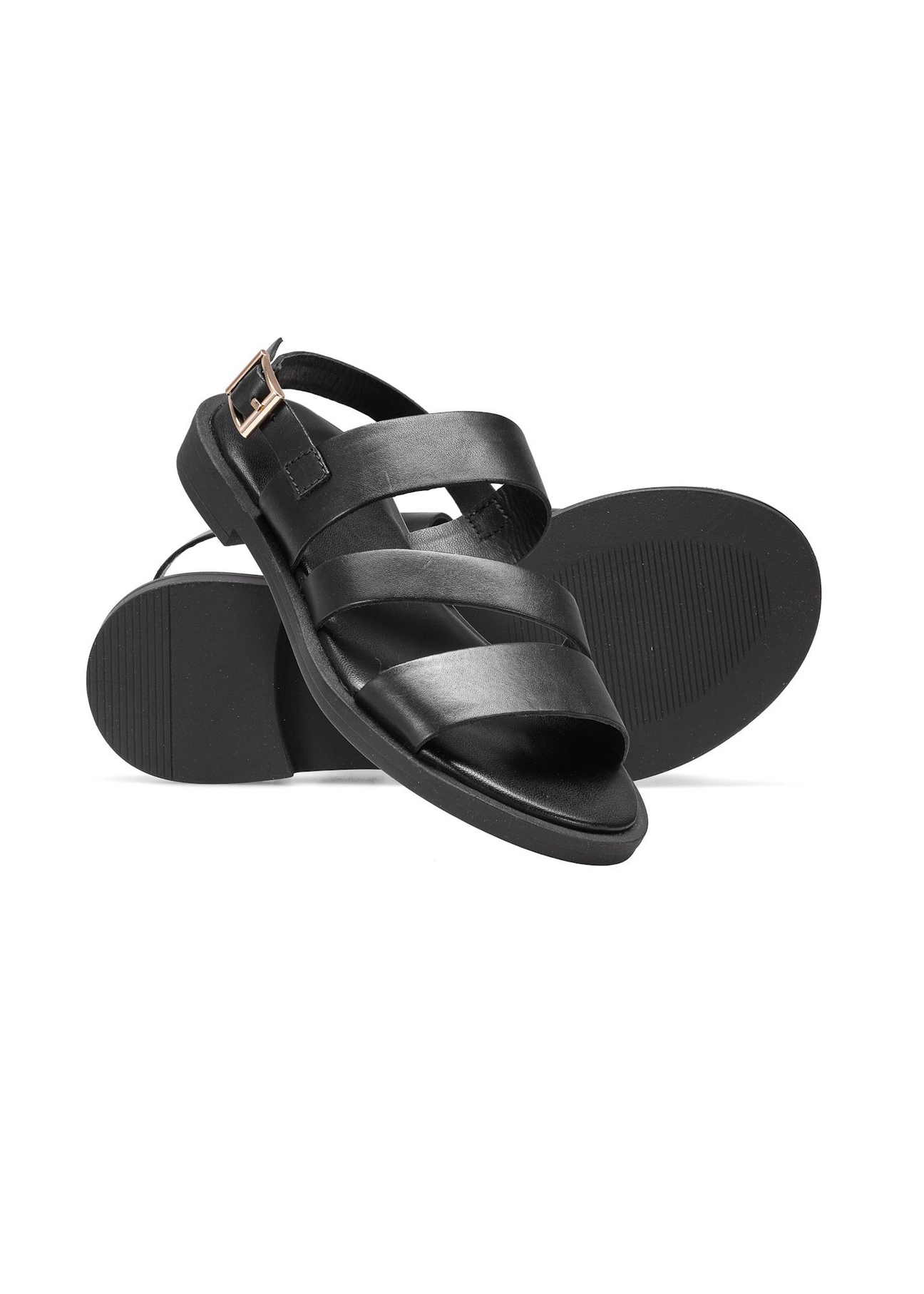 Women's leather sandals in black BUTYD-1152-99(W26), diagonal product view on a white background.