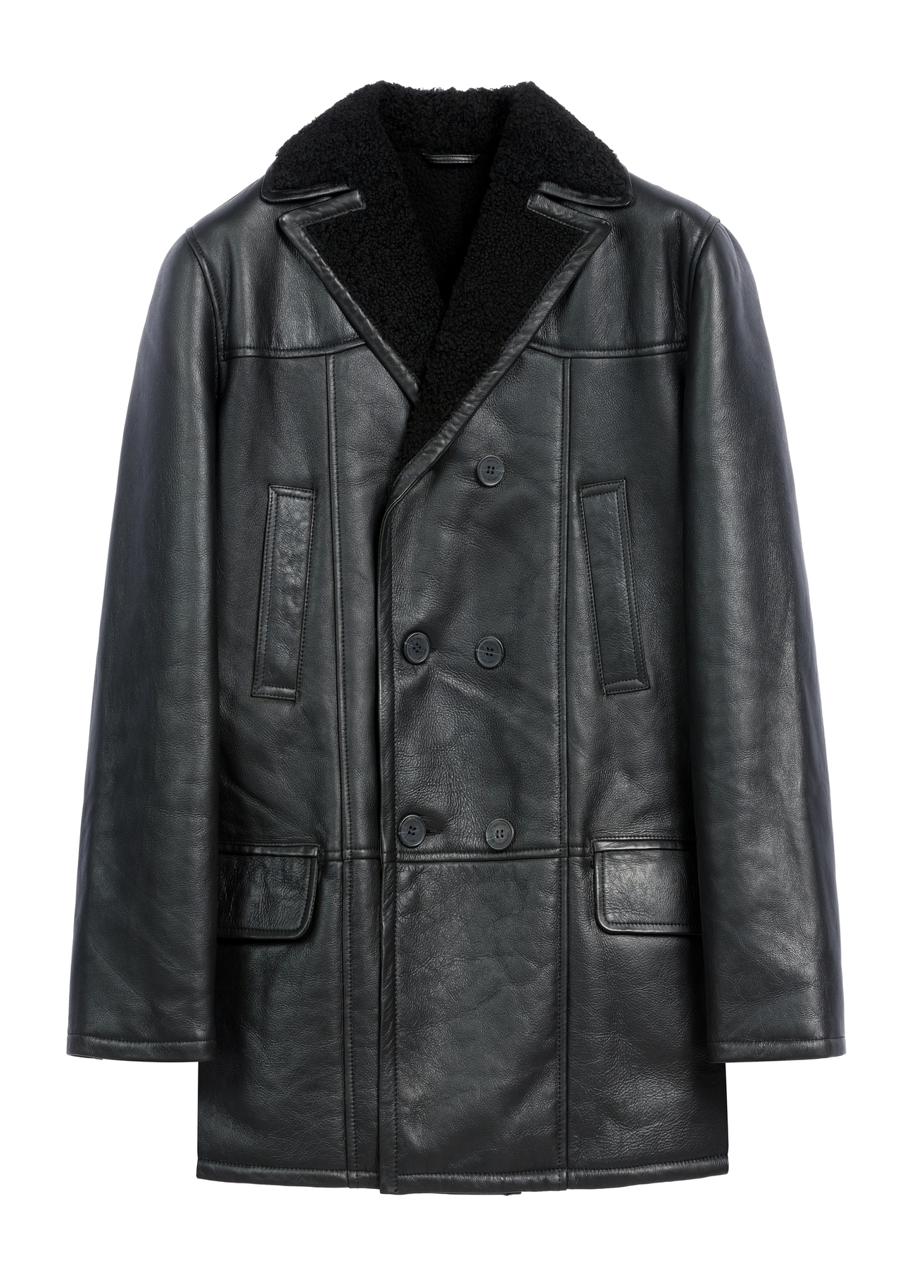 Long men's leather sheepskin coat KOZMS-0024-3189(Z25), product view from the front on a white background.