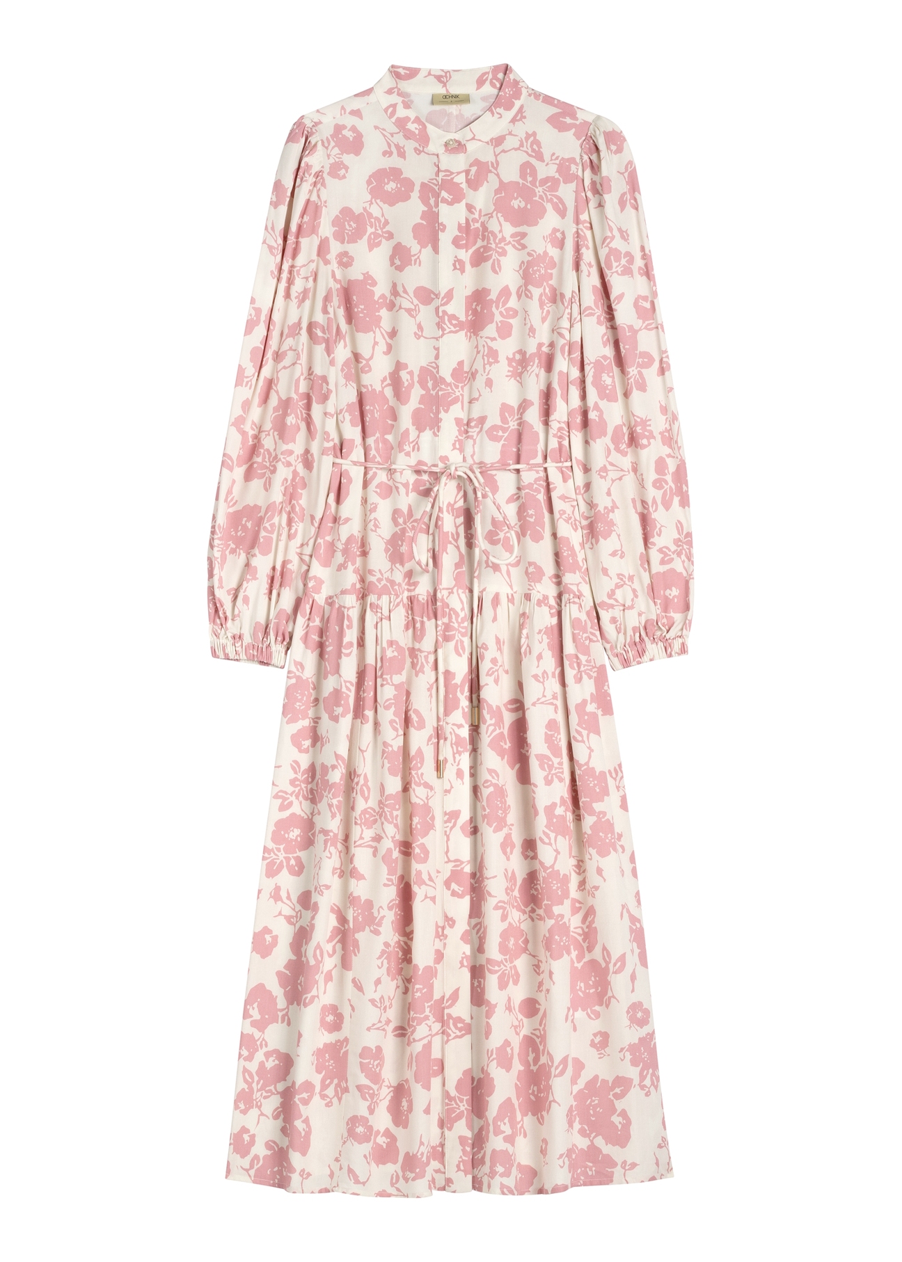 Pink floral midi dress SUKDT-0270-5P(W26), front product view on white background.