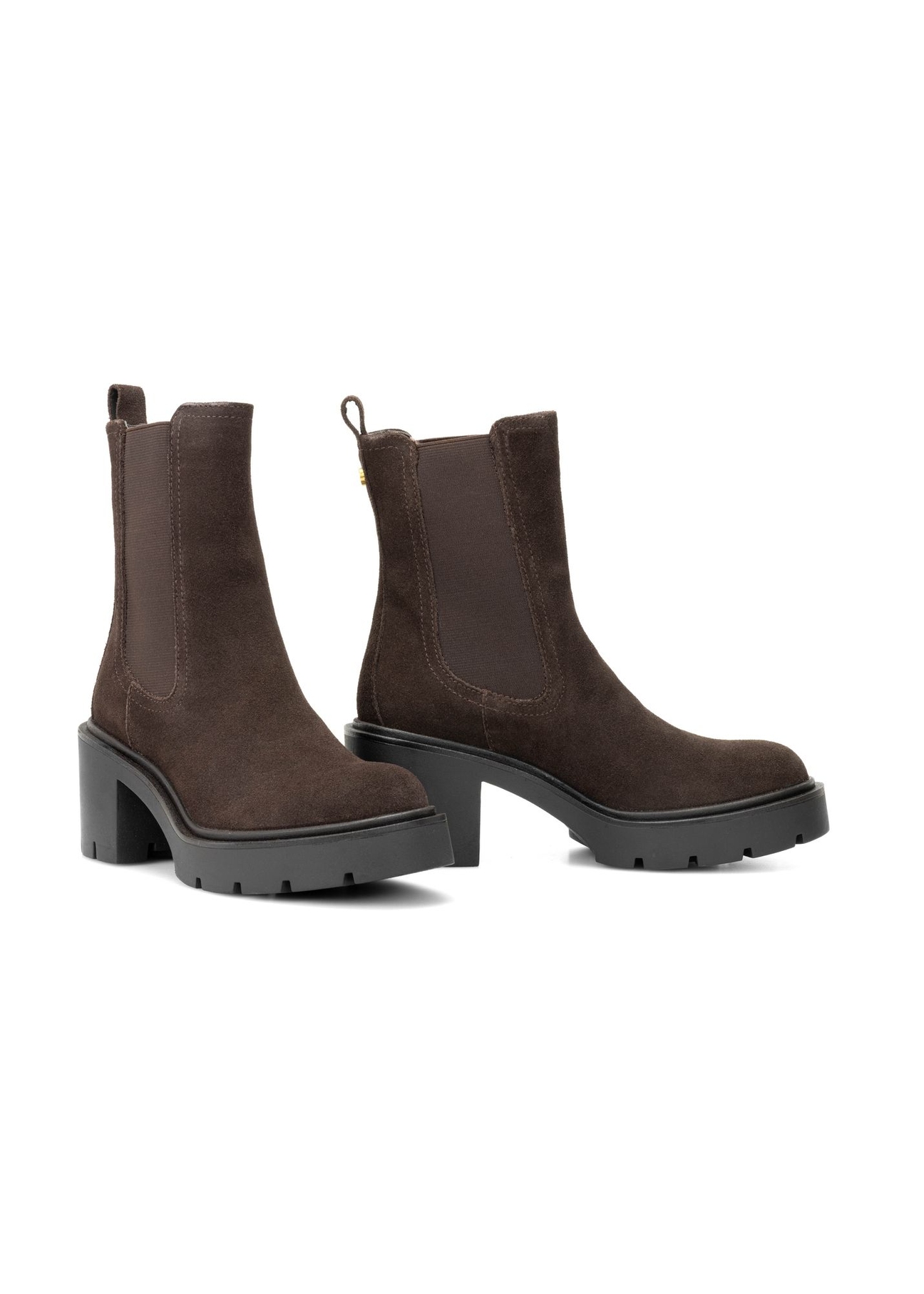 Dark brown suede women's high-heeled ankle boots BUTYD-1094-1I(Z26), diagonal product view on white background.
