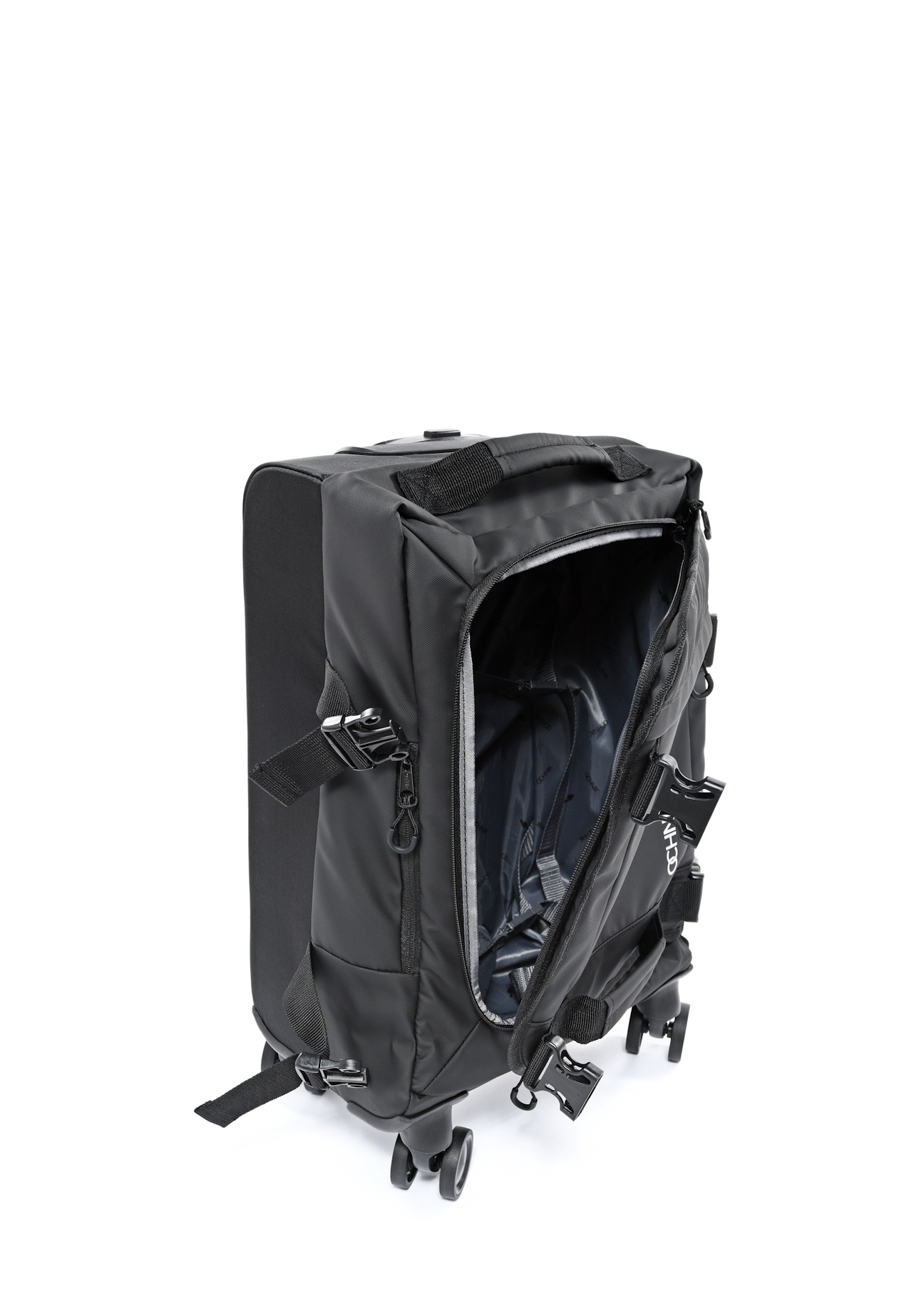 Small suitcase on wheels WALNY-0043-99-19(W25) in black with logo - view of the open suitcase on a white background.