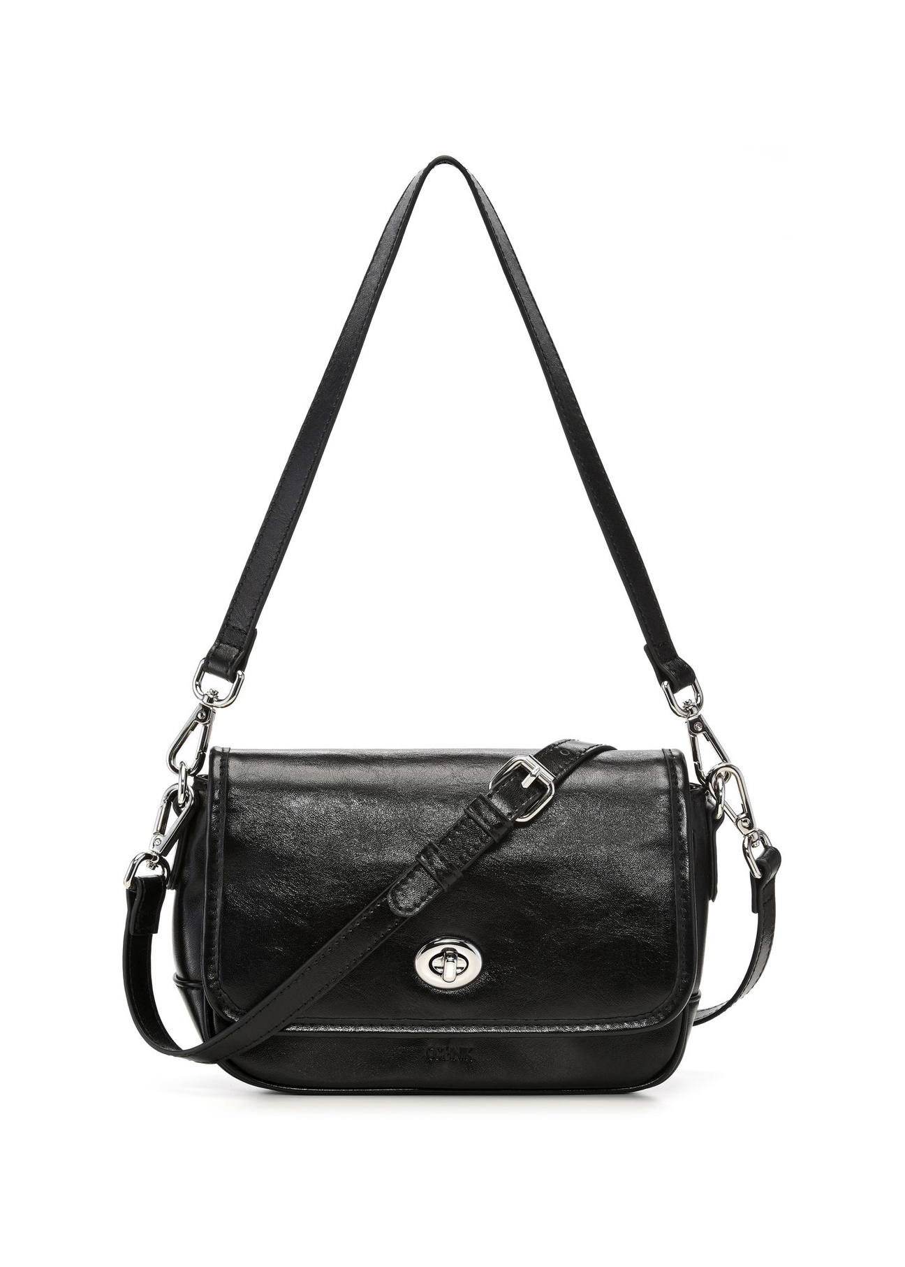 Small black women's handbag with gloss TOREC-1249-99(Z26), front product view on white background.
