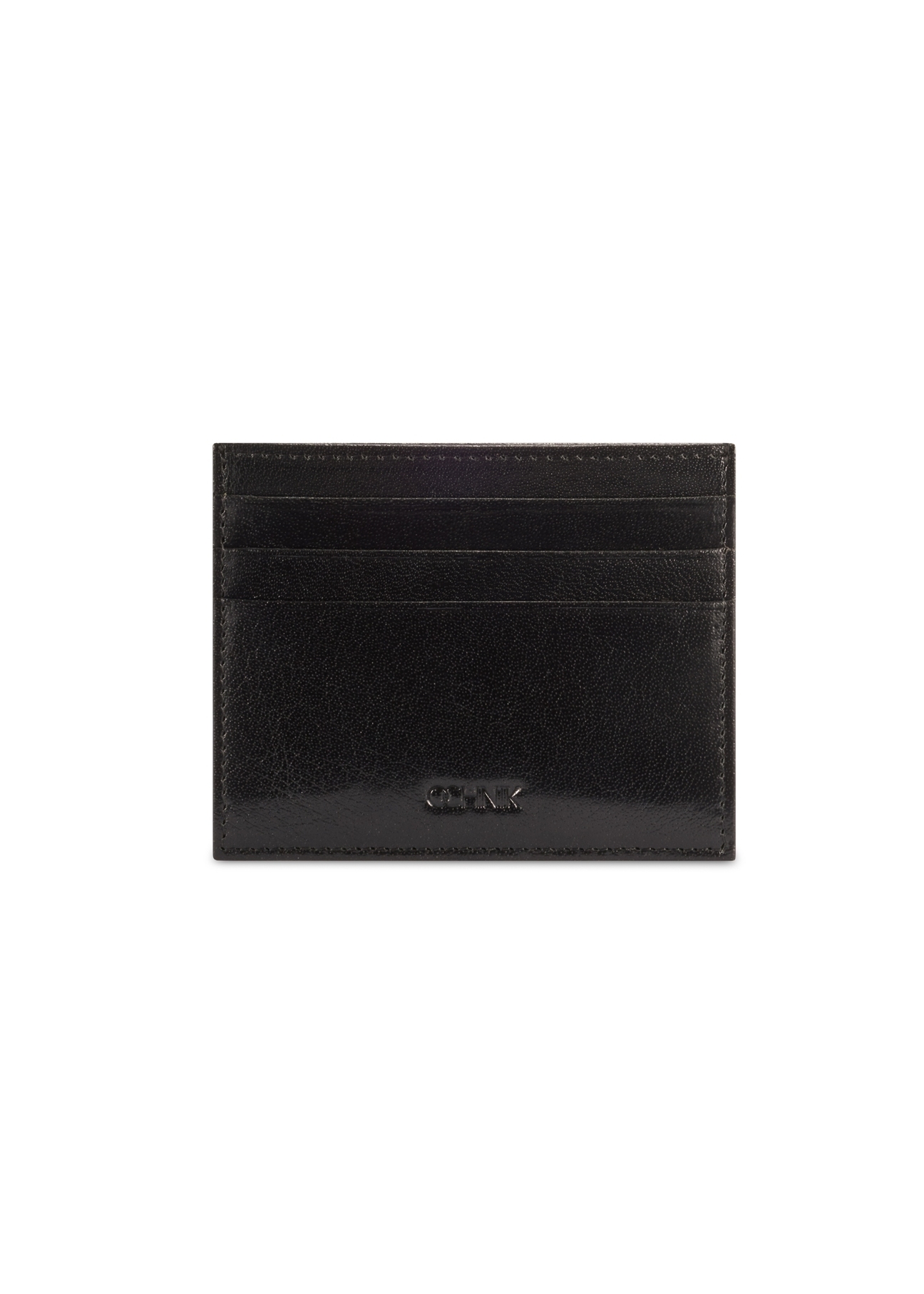 Black leather card case PORMS-0679-99(W26), front product view on white background.
