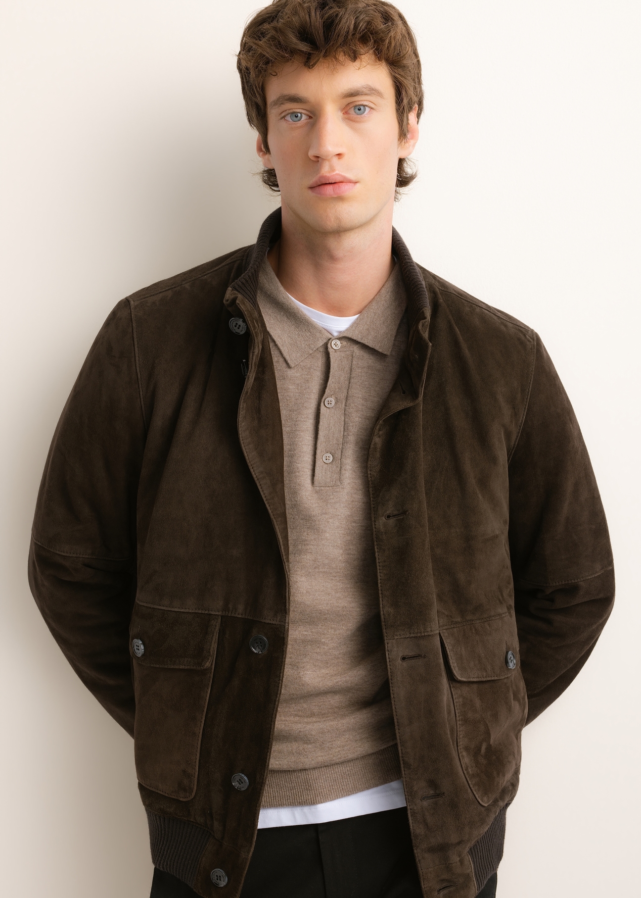 Brown men's suede jacket KURMS-0425-1L(Z6) - front product view, modeled, against a white background. Half-length silhouette visible.