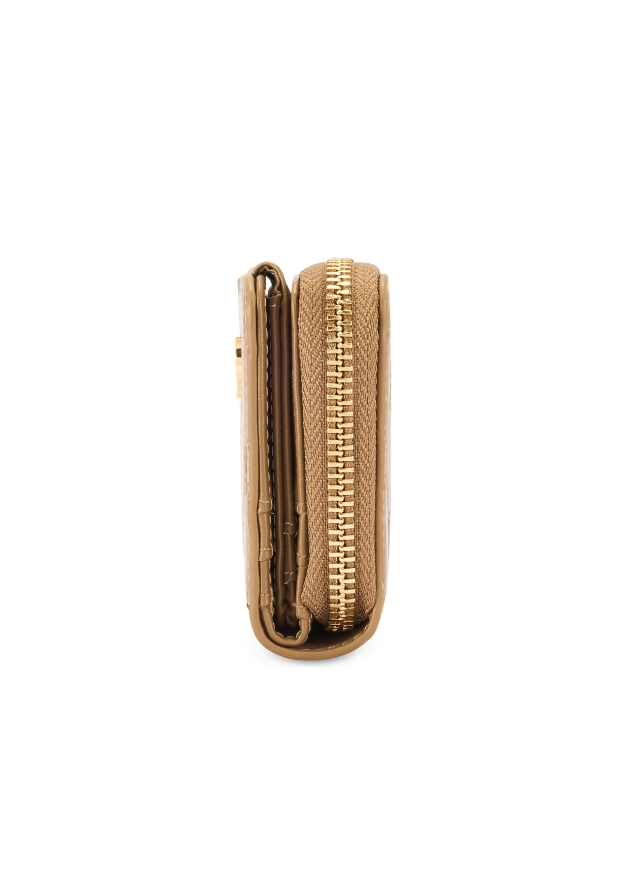 Small beige women's wallet with monogram POREC-0349A-81(Z25), product view from the side on a white background.