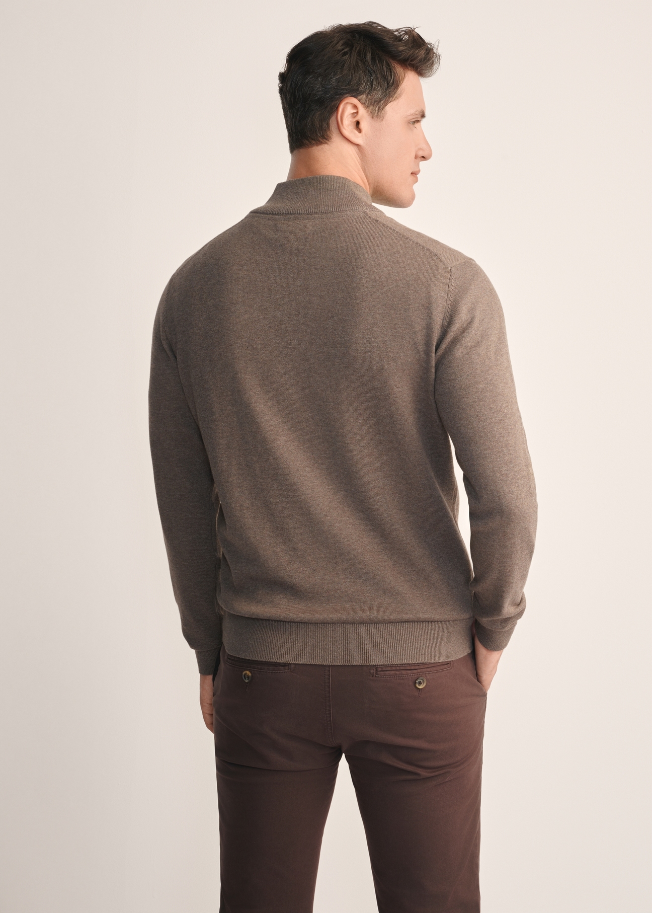 Brown men's sweater SWEMT-0174-90(Z25), back view of the product on the model. Half of the silhouette visible.