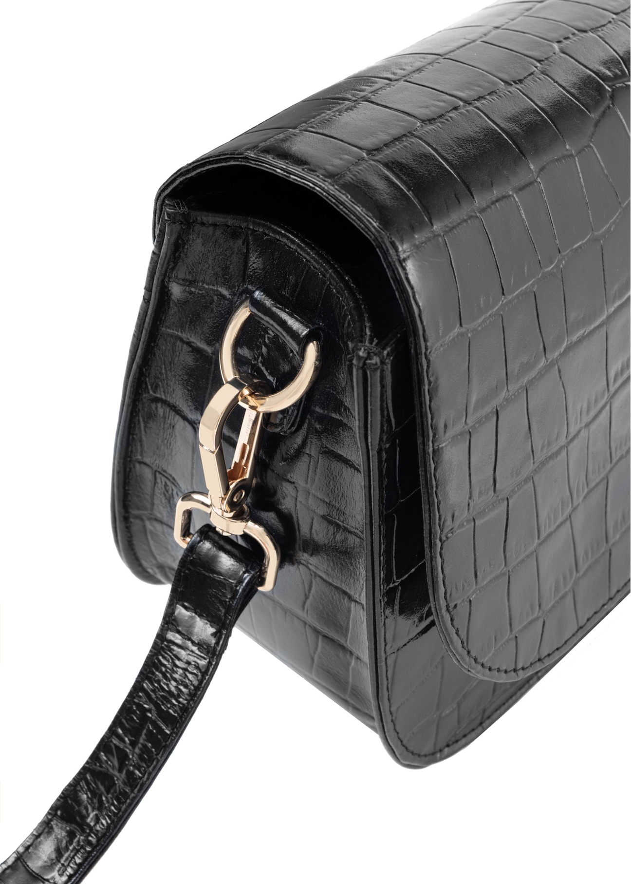 Leather black women's croco handbag TORES-1129E-99(Z25), close-up of detail on white background.