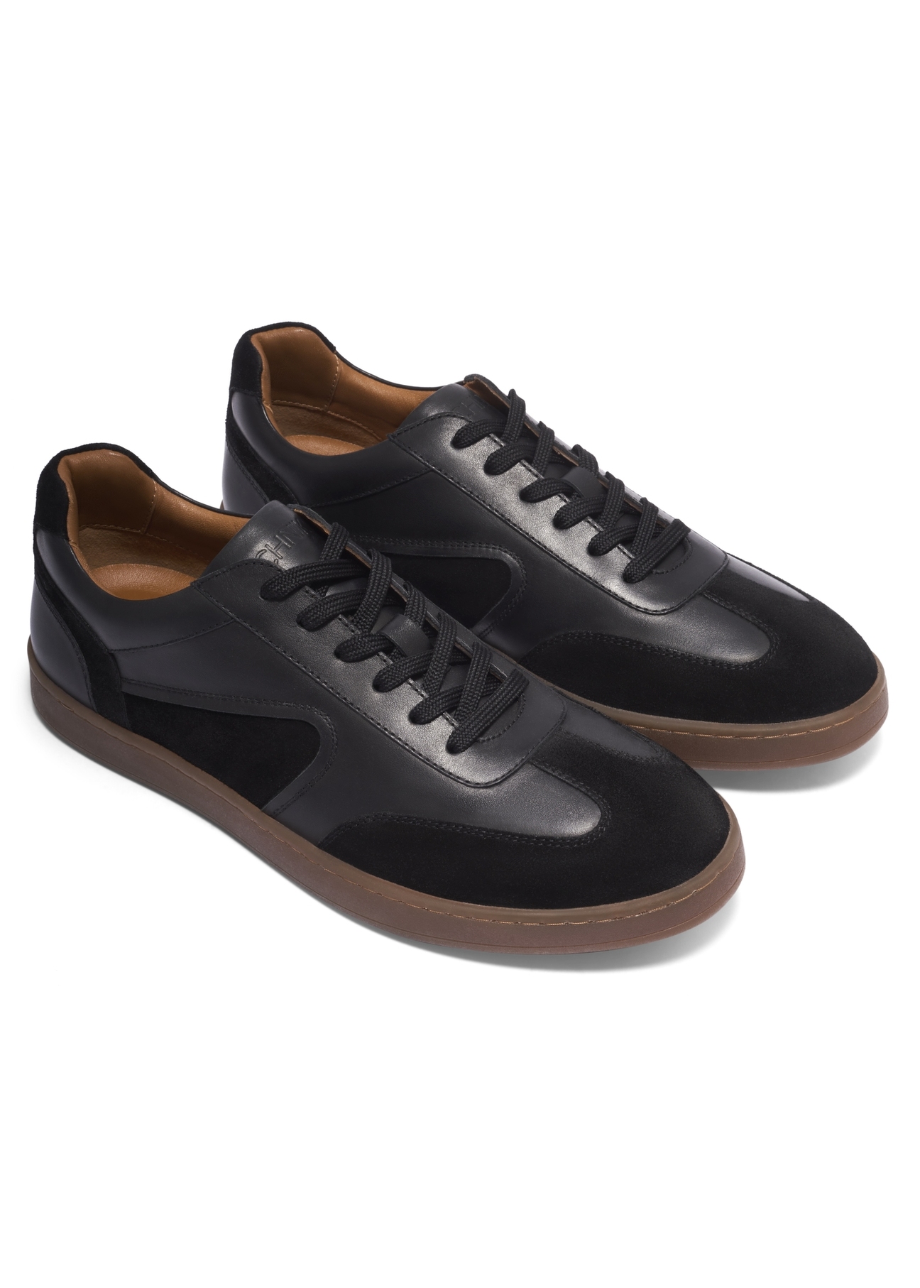 Black leather sports shoes BUTYM-0573-9J(Z26), diagonal product view on white background.
