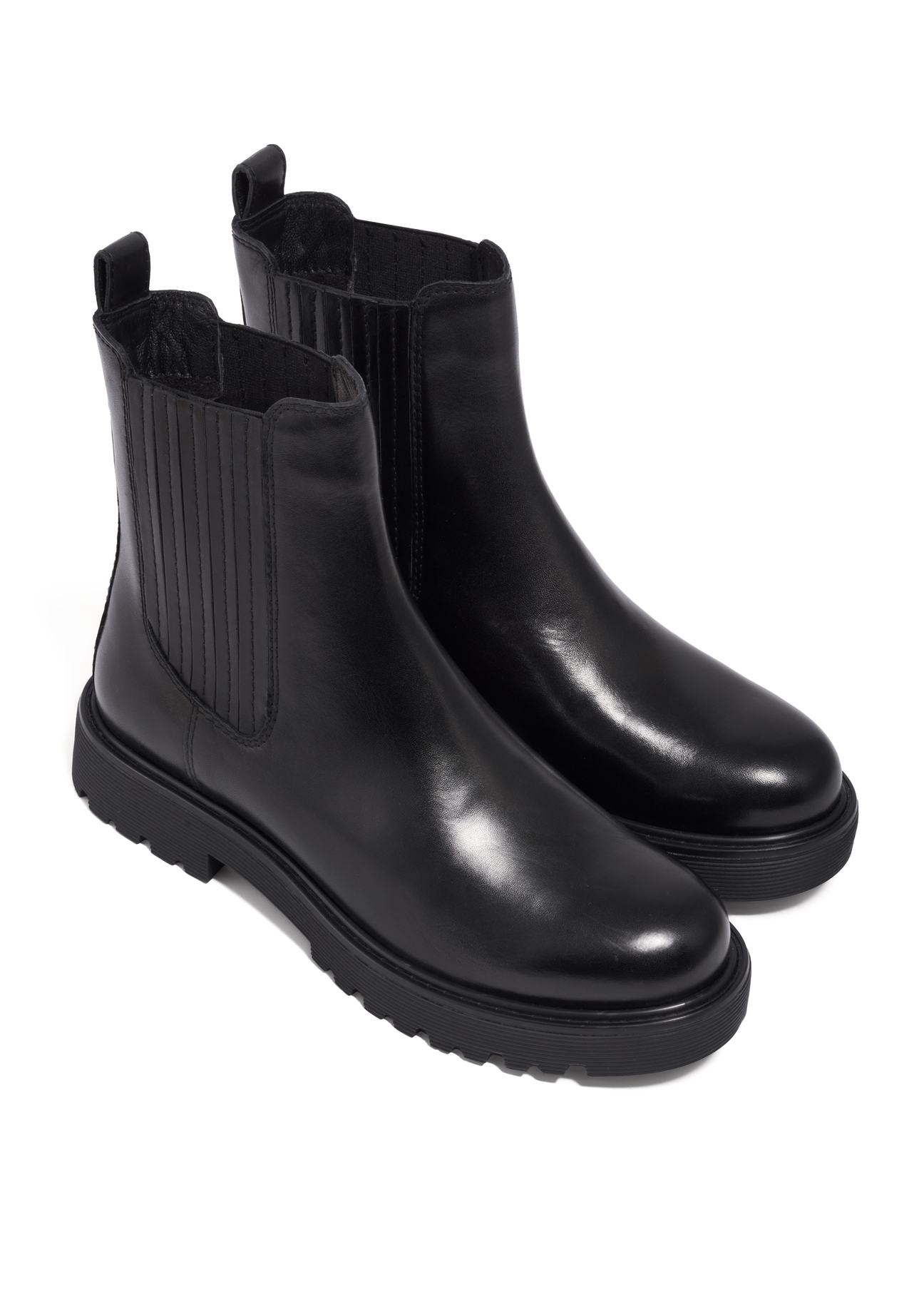 Women's black leather Chelsea boots BUTYD-1281-99(Z26), diagonal product view on a white background.