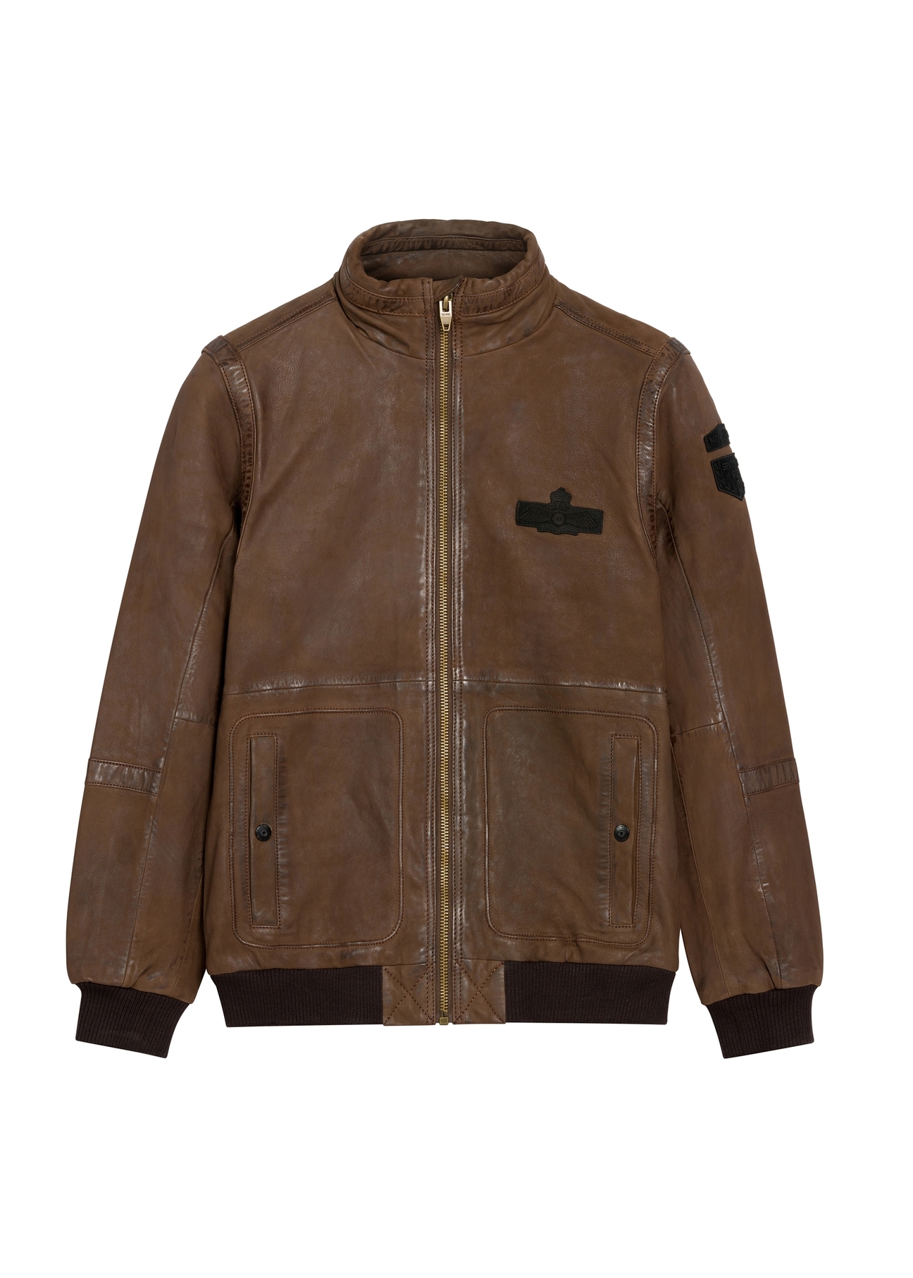 Men's brown leather jacket KURMS-0383-2876(Z25), product view from the front on a white background.