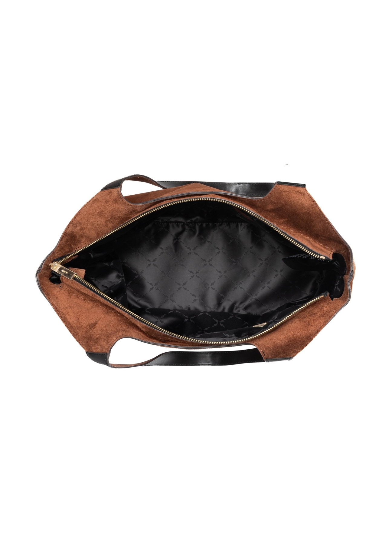 Cognac suede large women's handbag TORES-1169-1F(W26), product view from the inside on a white background.
