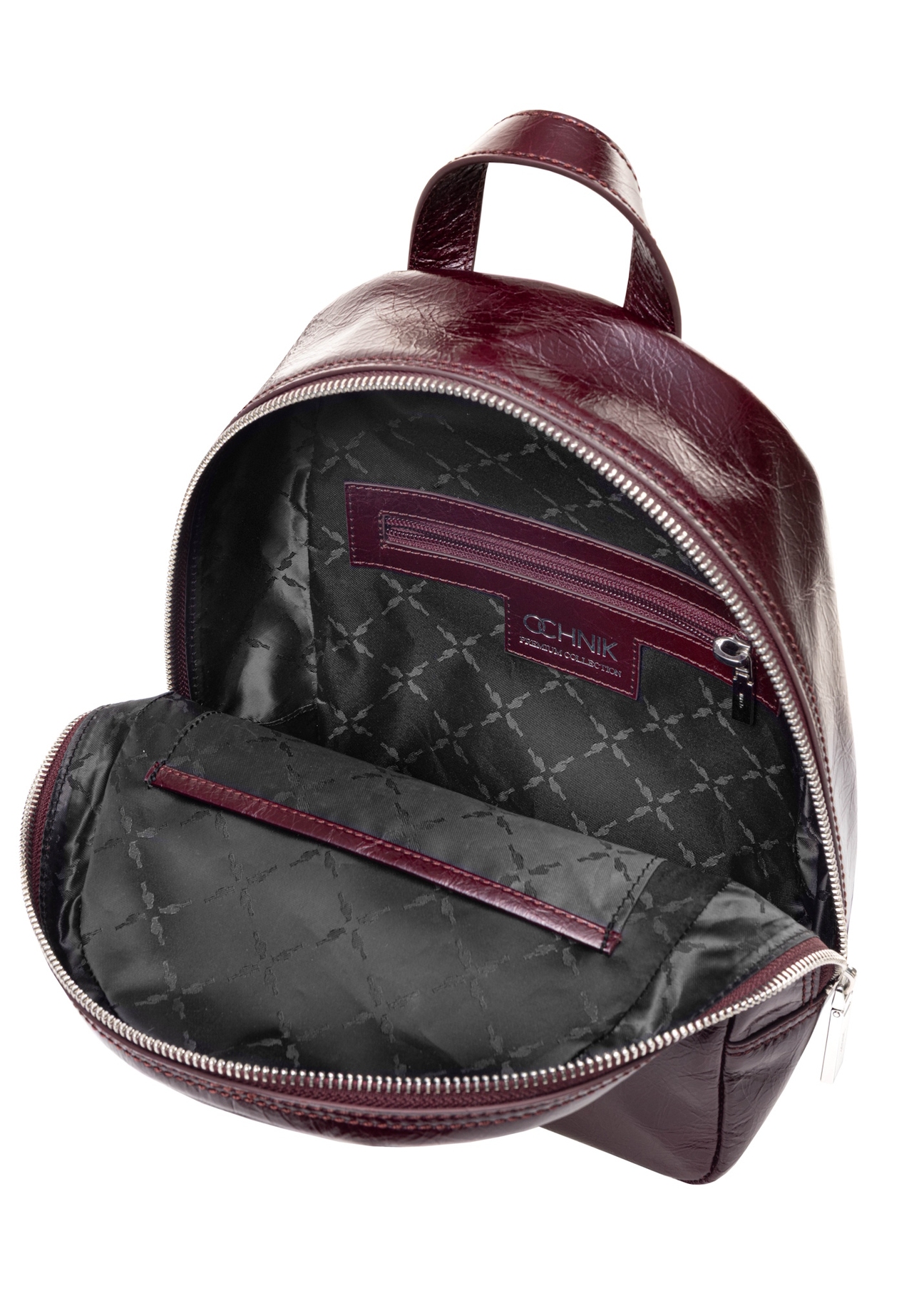 Burgundy leather women's backpack TORES-1173-49(Z25), product view inside on white background.