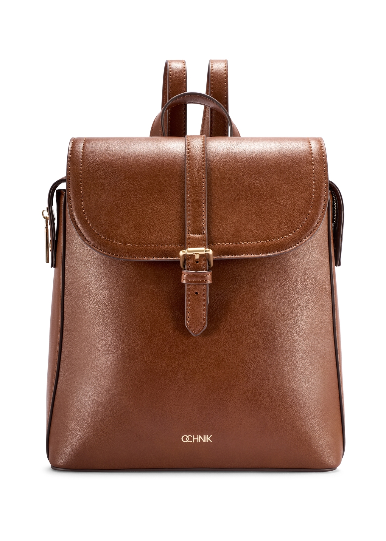 Women's cognac backpack TOREC-1198-1F(W26), front product view on white background.