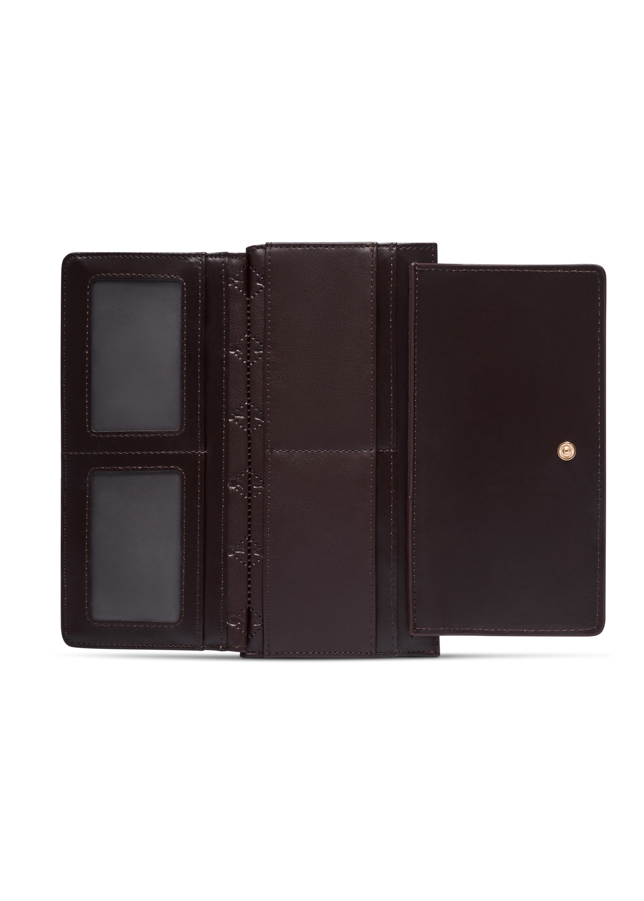 Large brown women's wallet with monogram POREC-0347A-1I(Z26), product view inside on white background.