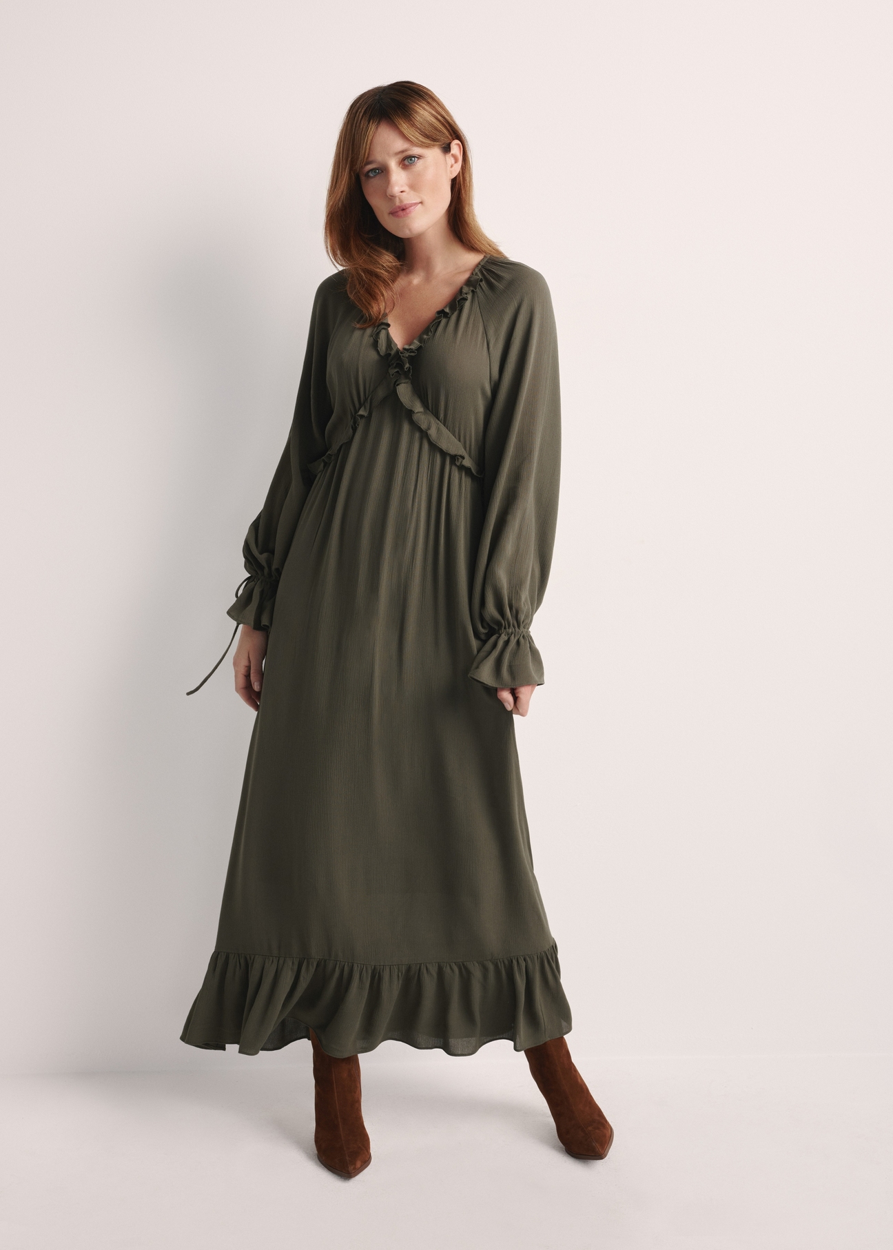 Maxi dress in khaki color SUKDT-0248-55(Z25). product visible from the front, the whole silhouette visible.