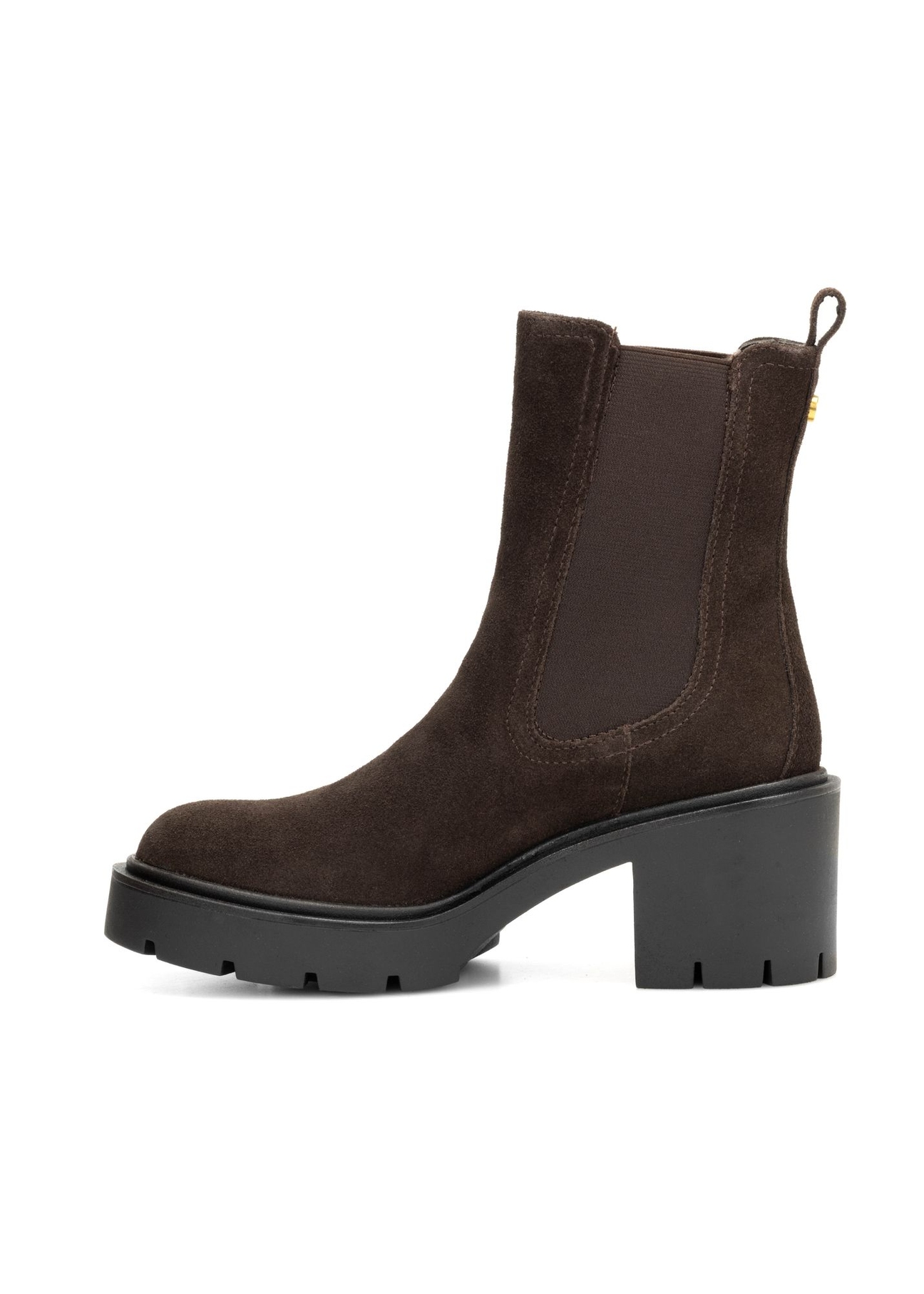Dark brown suede women's high-heeled ankle boots BUTYD-1094-1I(Z26), product view from the side on a white background.