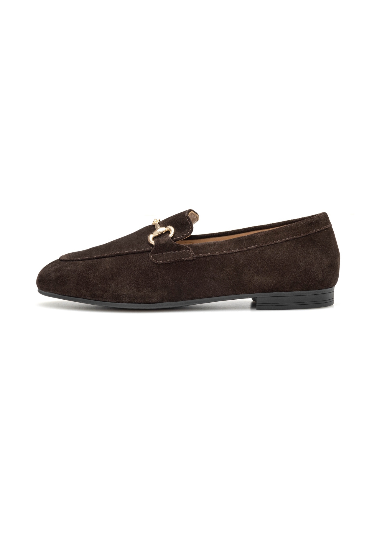 Women's brown suede moccasins BUTYD-1257-1I(W26), side product view on white background.