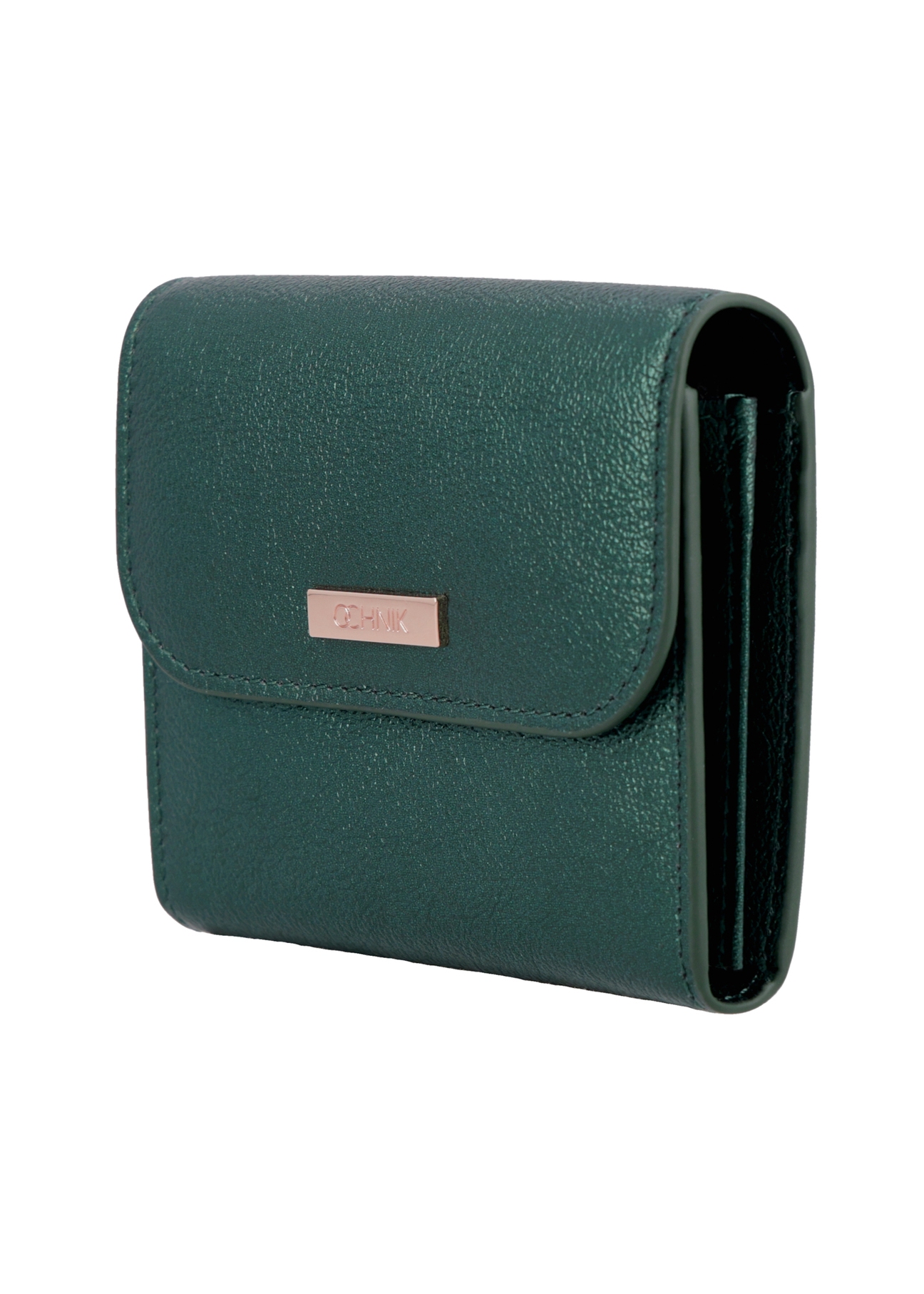 Small women's leather wallet in dark green color PORES-1029-8C(Z26), diagonal product view on white background.
