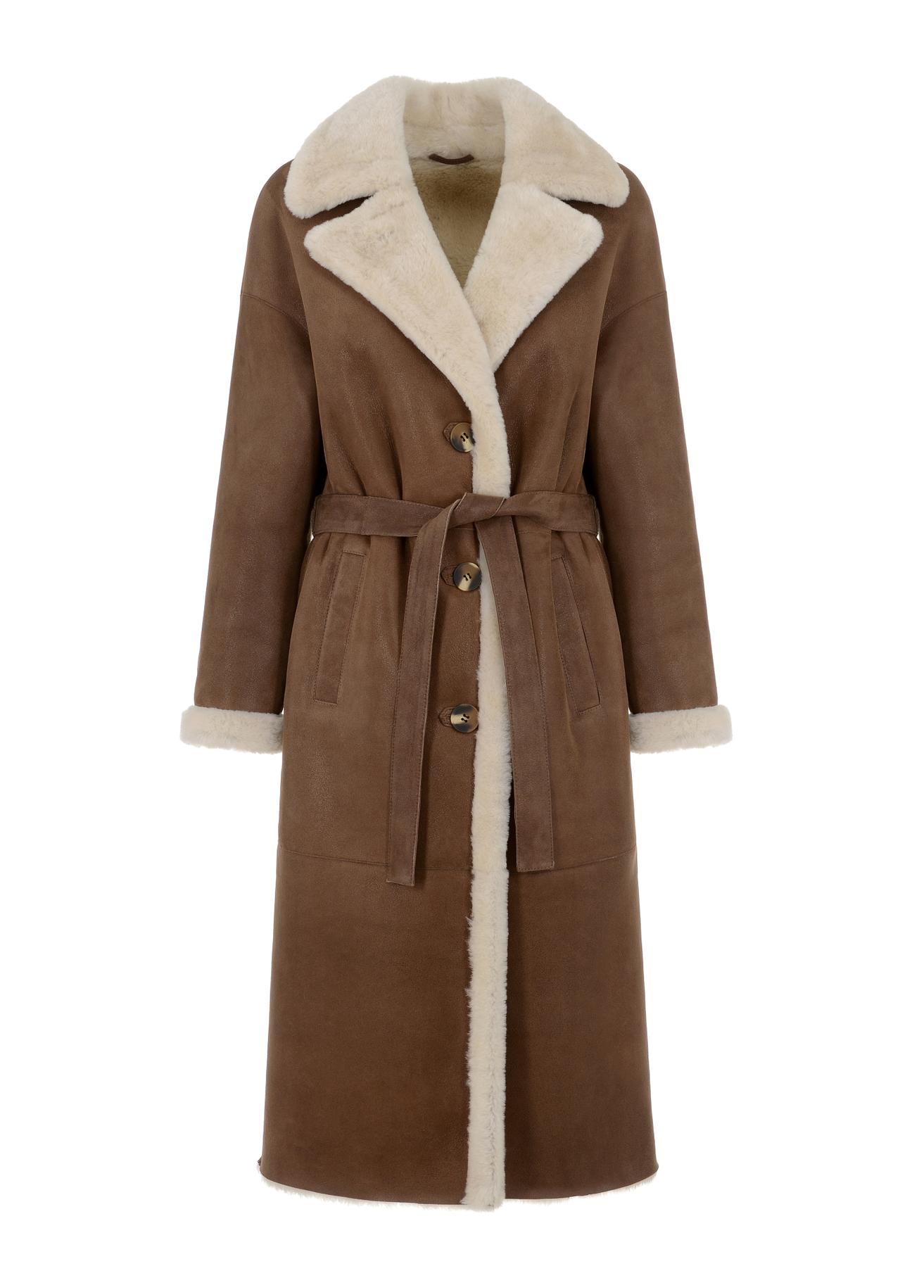 Long classic brown sheepskin coat for women KOZDS-0071-3091(Z24)-05