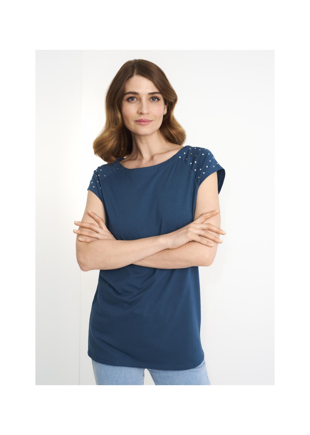 Women's navy blue T-shirt with applique TSHDT-0096-69(W22)-01