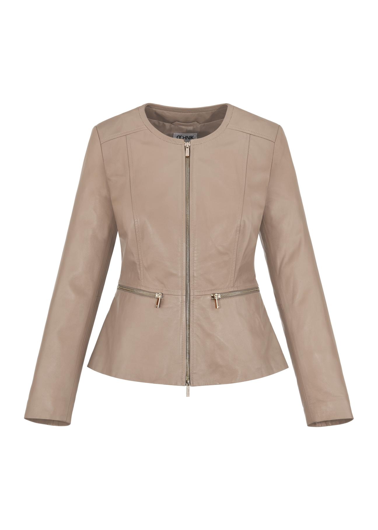 Beige waisted leather jacket for women KURDS-0484-1368(W24)-03