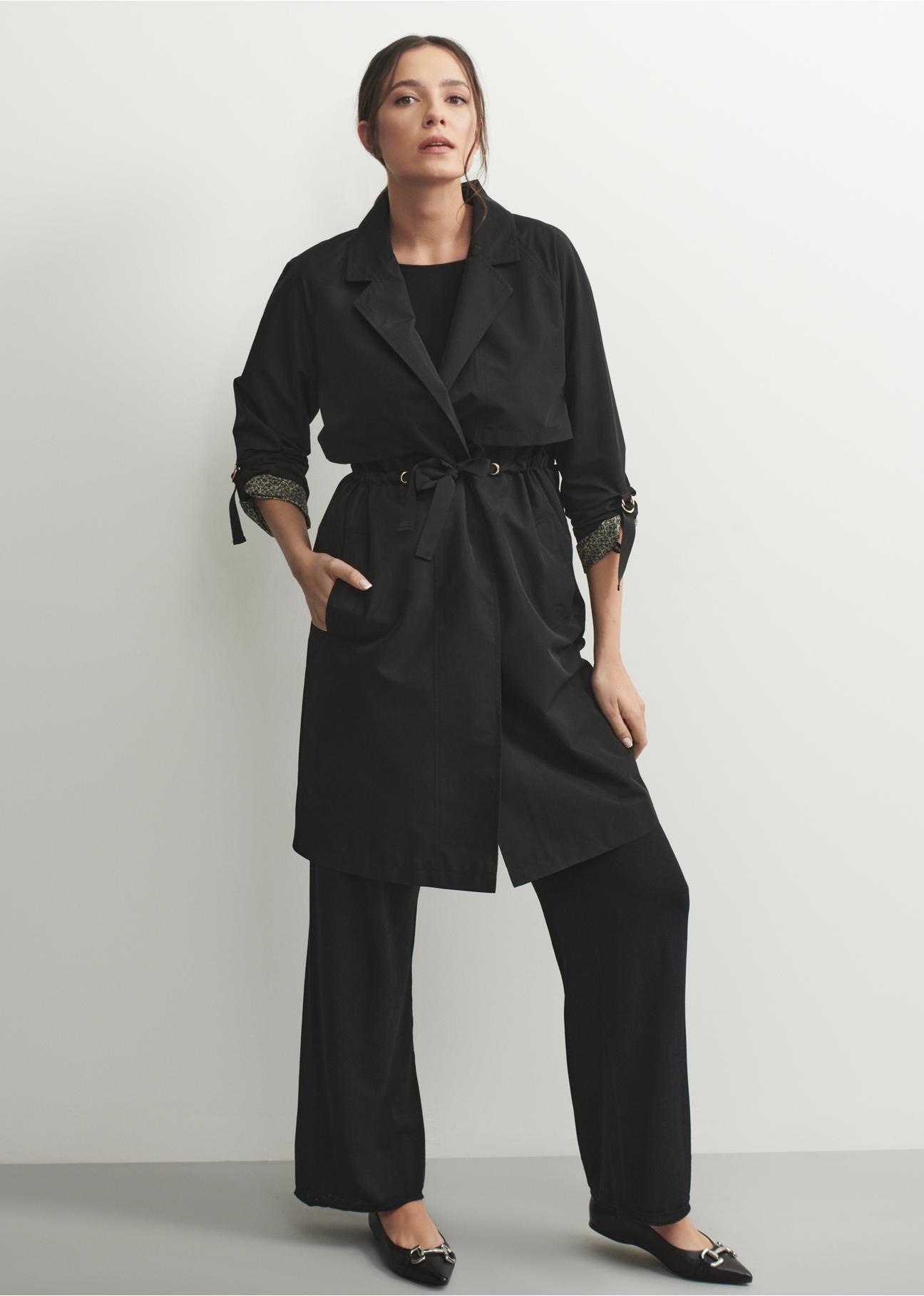 Black women's coat with straps KURDT-0439-99(W24)-01