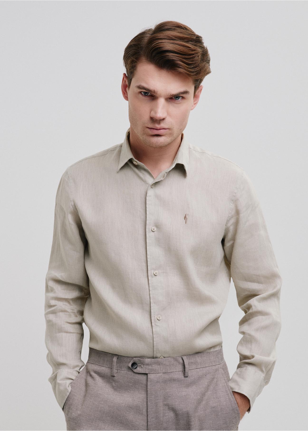 Beige linen men's shirt KOSMT-0321-81(W24)-01