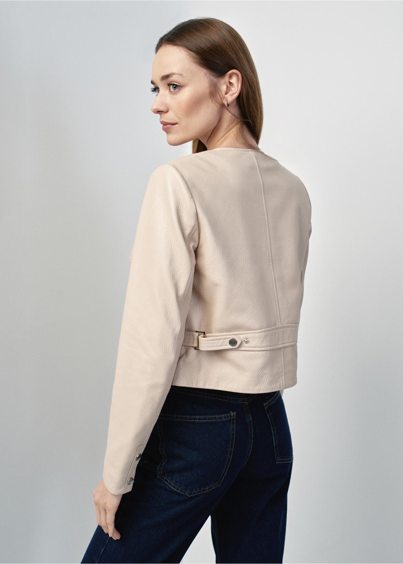 Women's short beige leather jacket KURDS-0452-1371(W24)-03