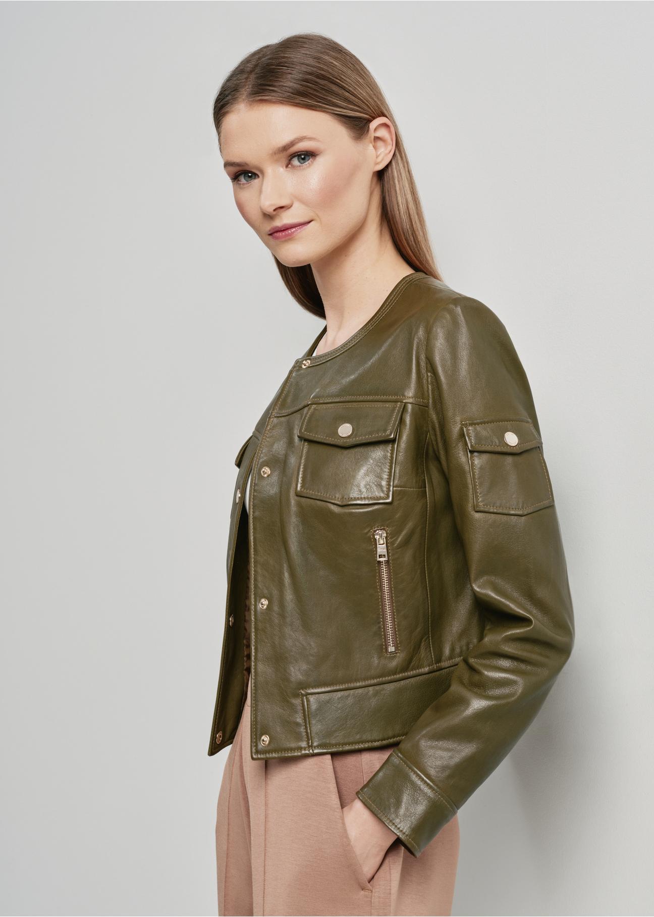 Women's short olive leather jacket KURDS-0454-1347(W24)-01