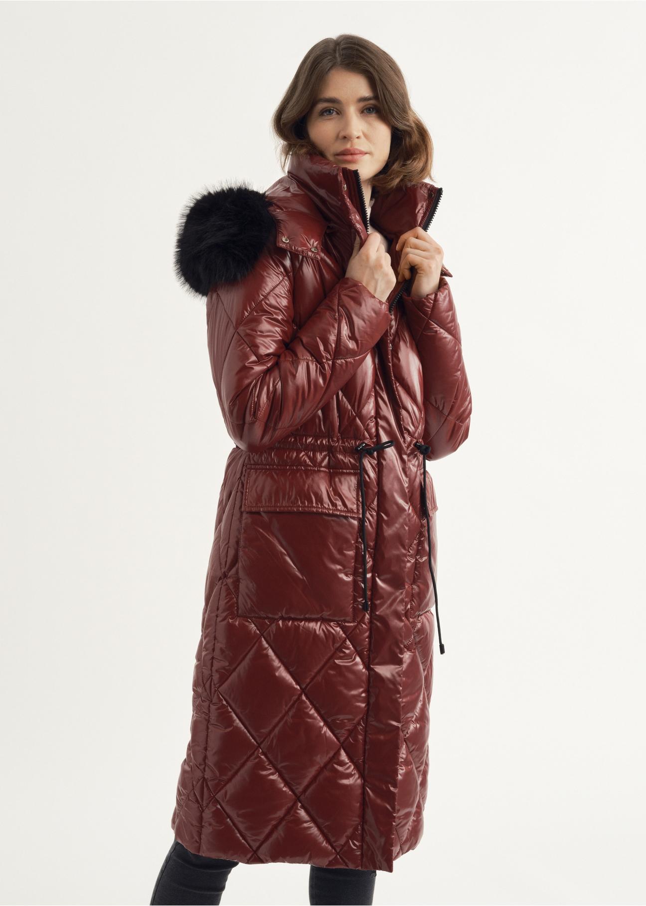 Women's long maroon quilted jacket KURDT-0481-49(Z23)-02