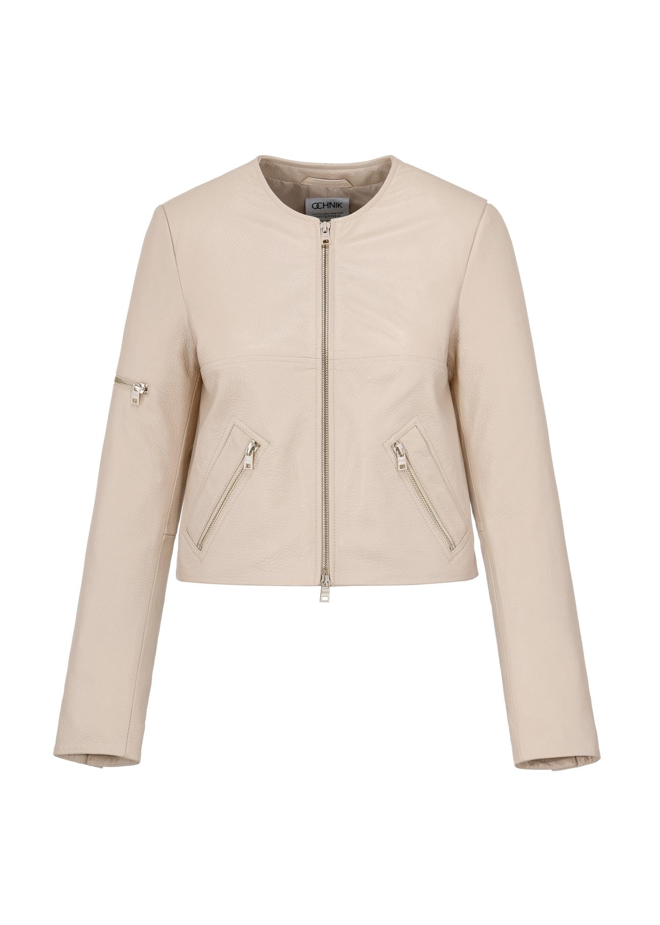 Women's short beige leather jacket KURDS-0452-1371(W24)-04