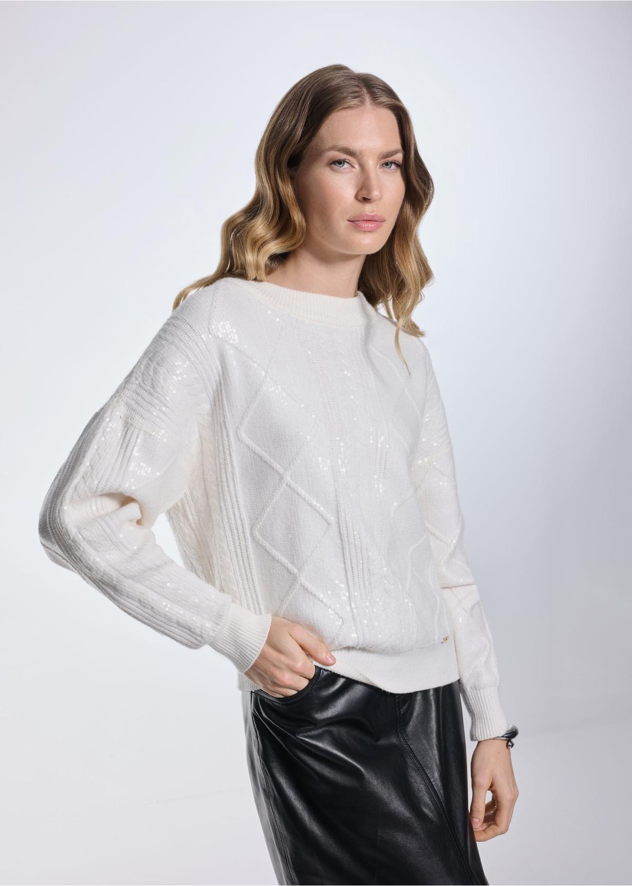 Cream women's sweater with sequins SWEDT-0227-12(Z24)