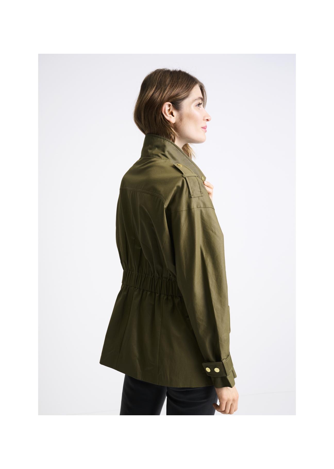 Olive colored women's jacket with a ribbed hem KURDT-0354-57(W22)-03