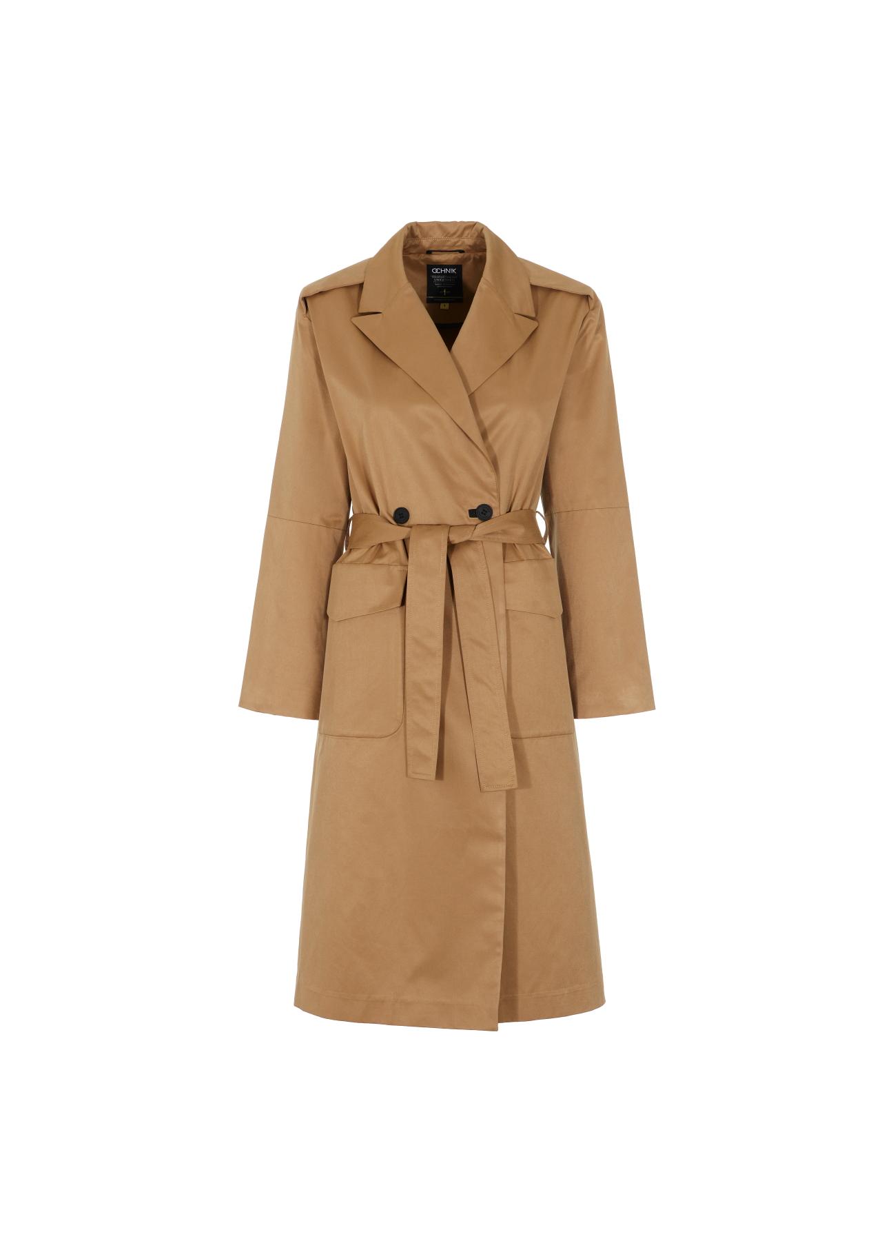 Women's honey colored coat with belt KURDT-0357-81(W22)-05