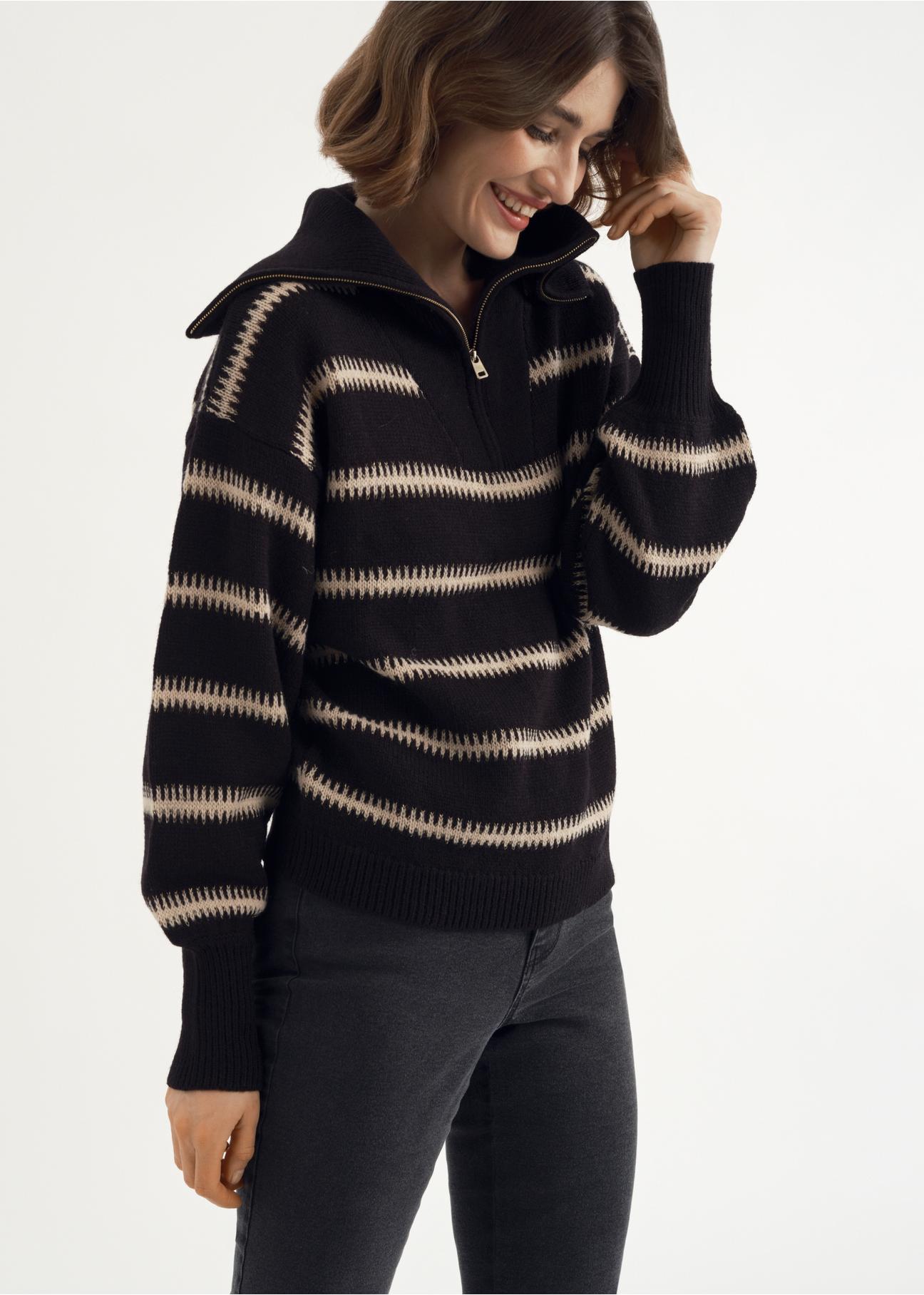 Black striped sweater with zipper for women SWEDT-0187-99(Z23)-01