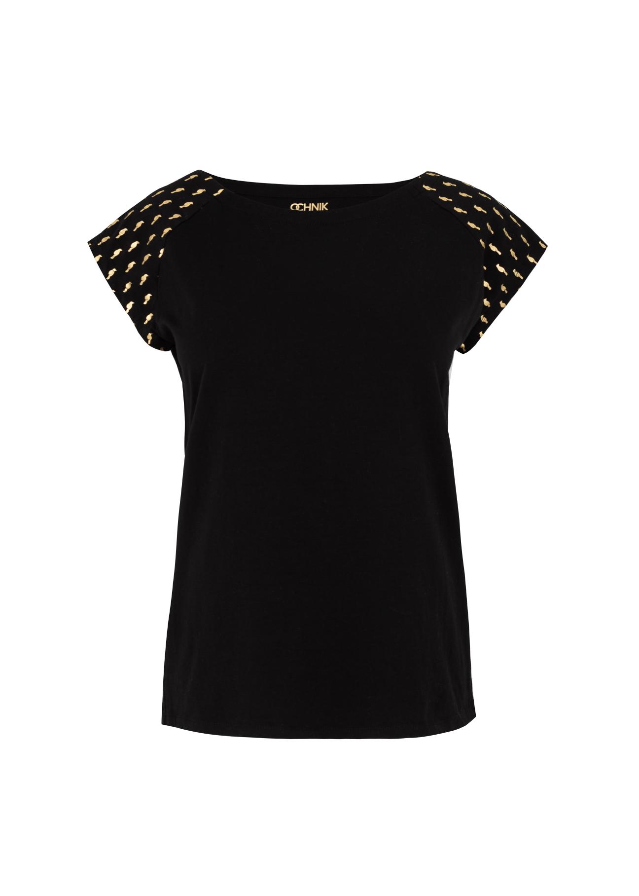 Black T-shirt with gold print for women TSHDT-0060-99(W21)-04