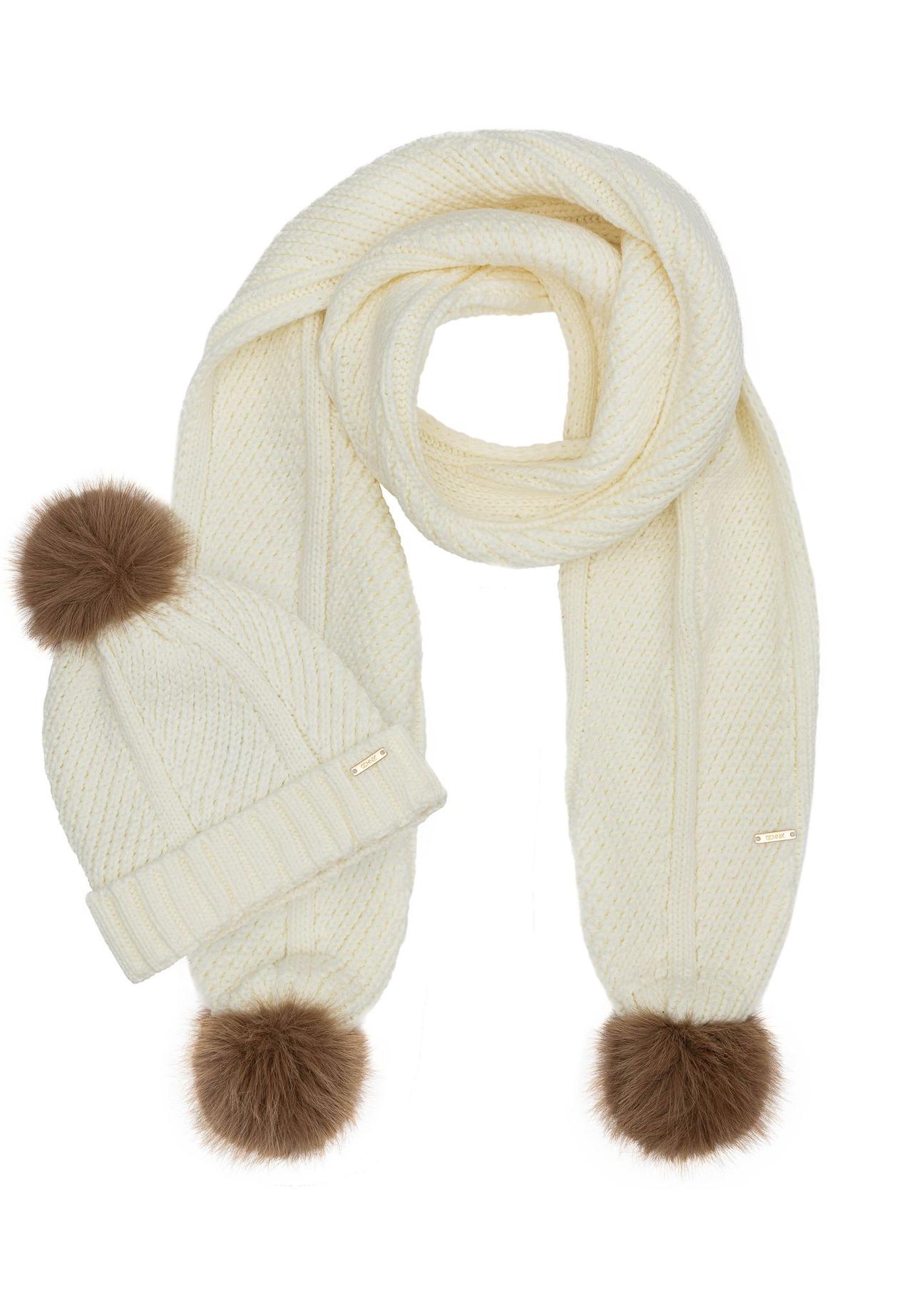 Cream women's scarf with pompoms SZADT-0176-16(Z24)-02