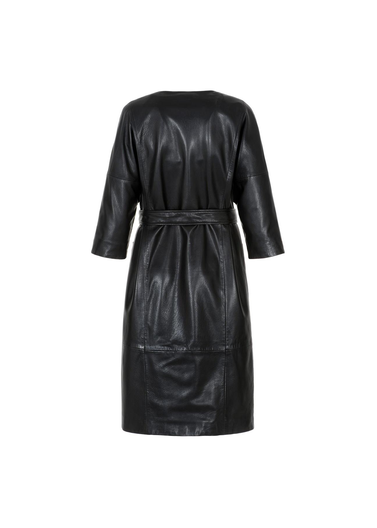 Black leather women's coat with belt KURDS-0358-5411(Z23)-04