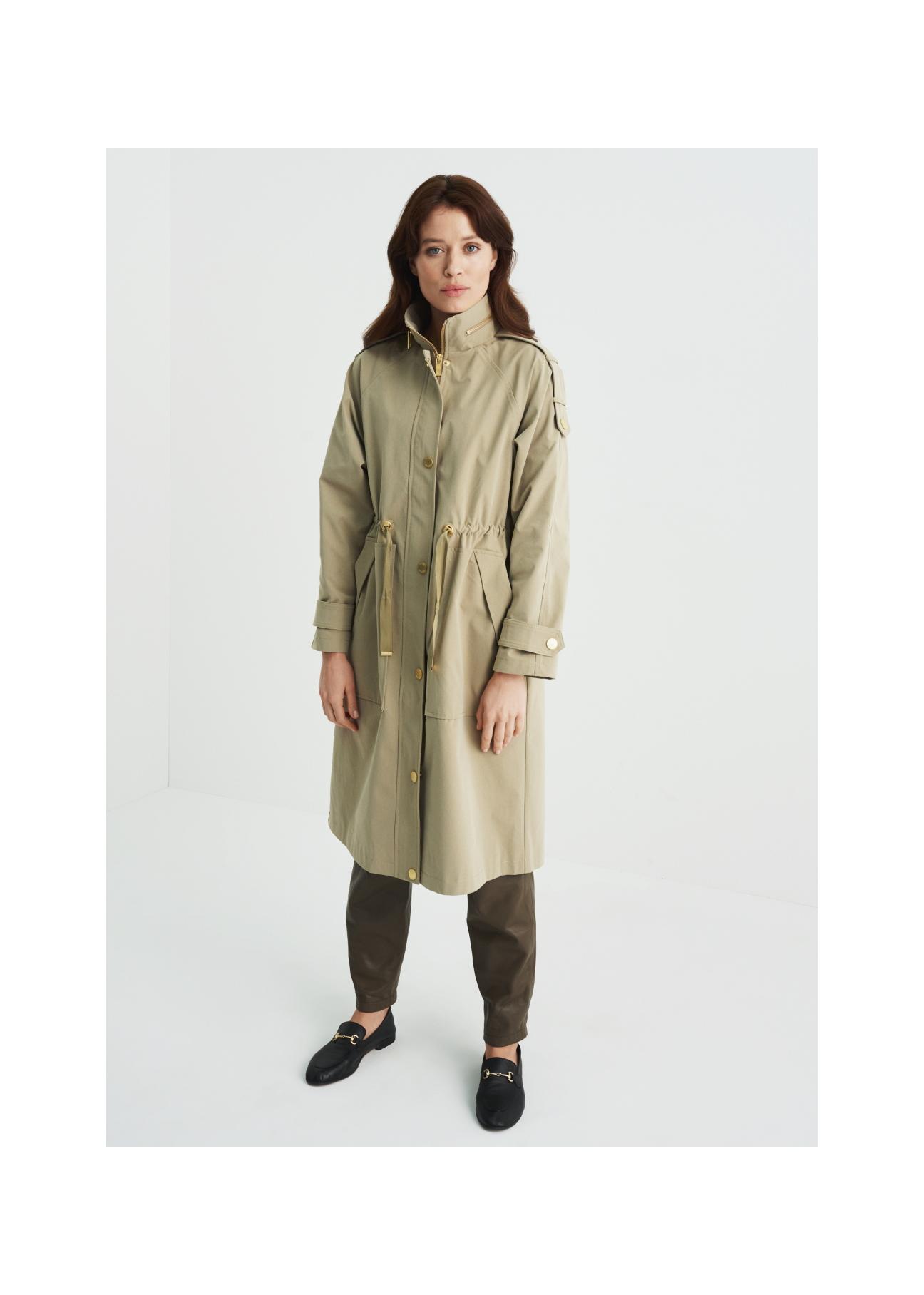 Women's olive colored coat with a button closure KURDT-0353-57(W22)-02