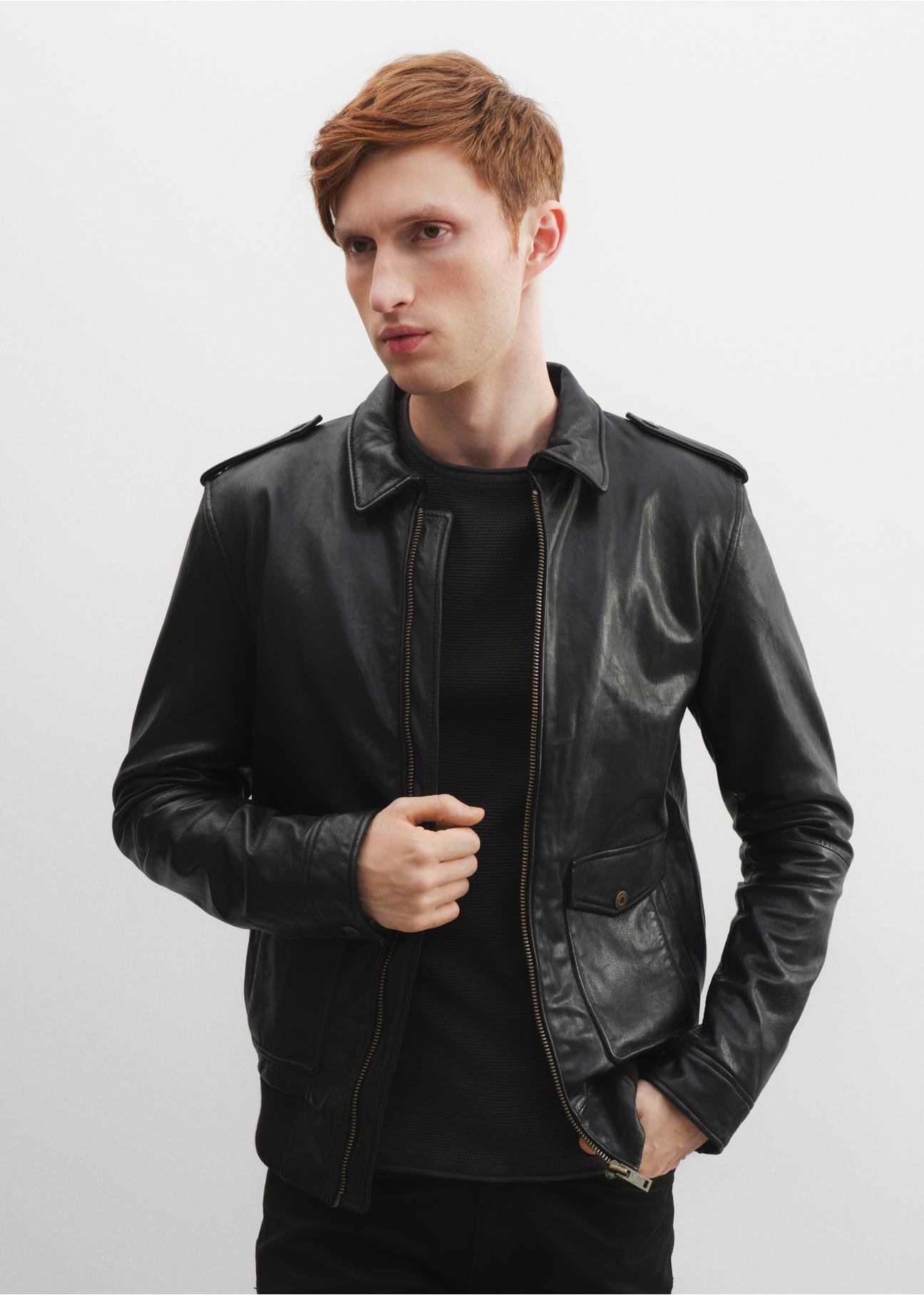 Men's leather jacket with collar KURMS-0290-1281(W23)-02