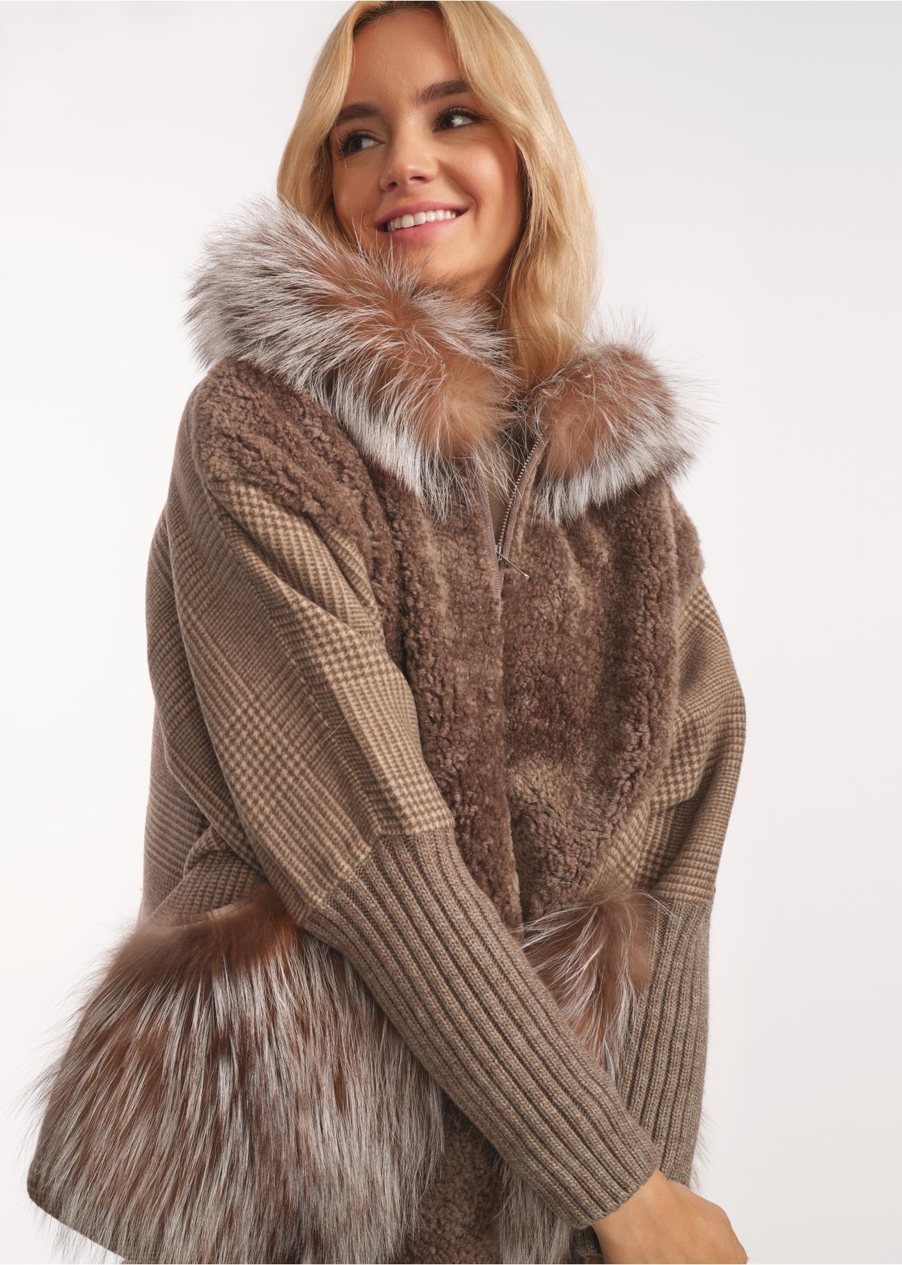 Beige and brown women's sheepskin coat with hood KOZDS-0053-1301(Z22)-01