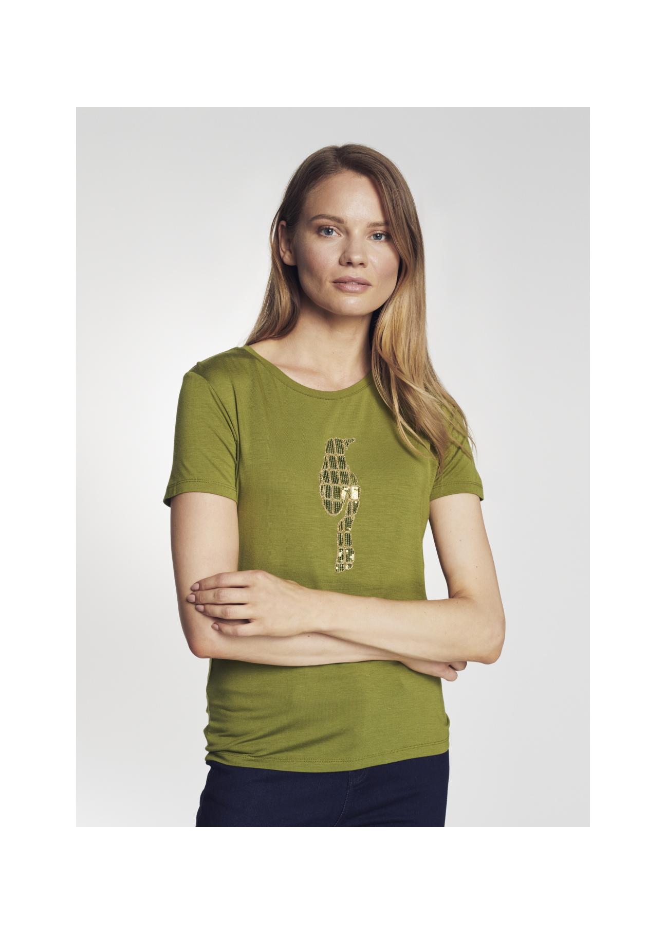 Women's khaki T-shirt with applique TSHDT-0072-55(Z21)-01