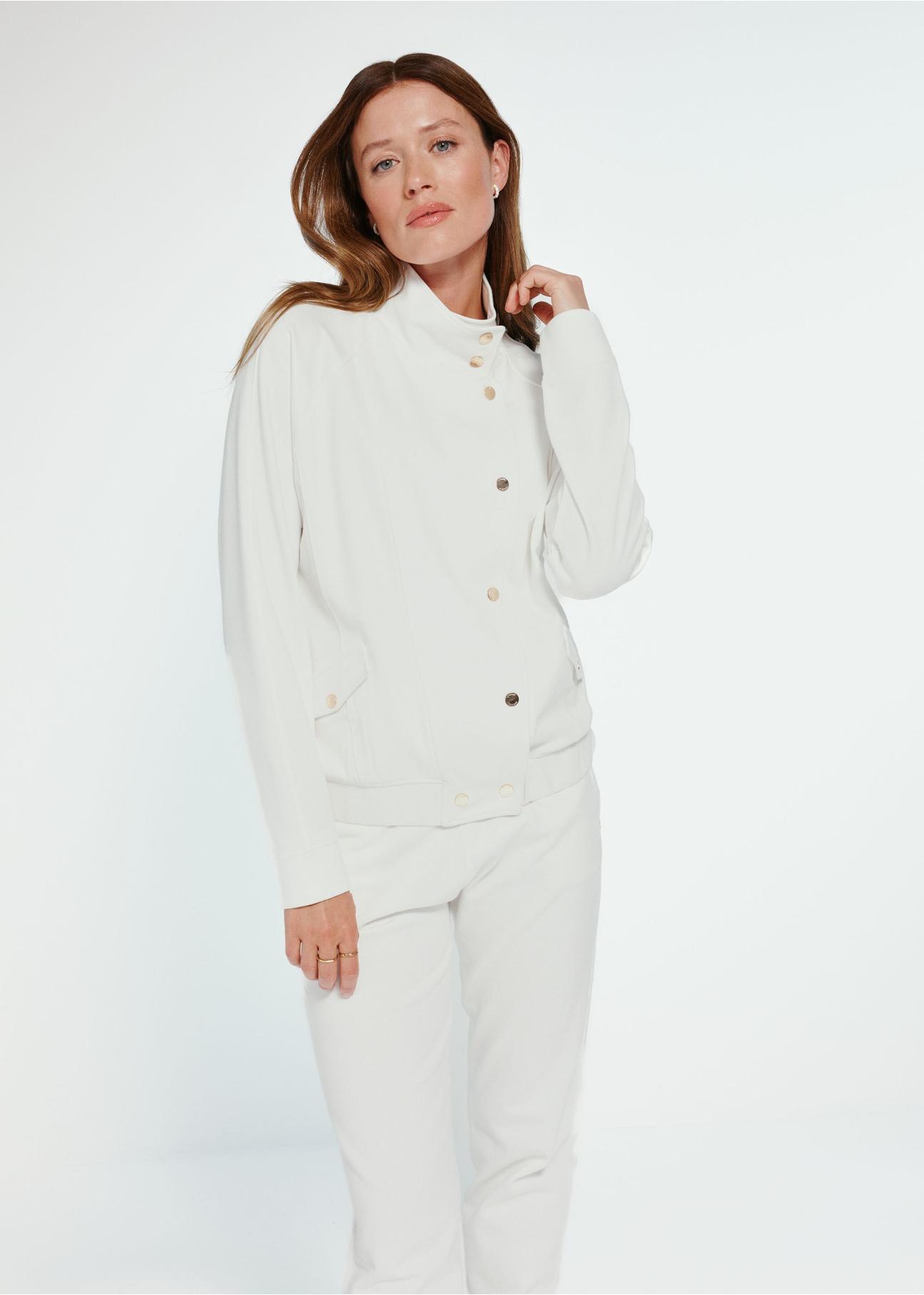 Cream women's sweatshirt with a stand-up collar BLZDT-0106-12(Z24)-03