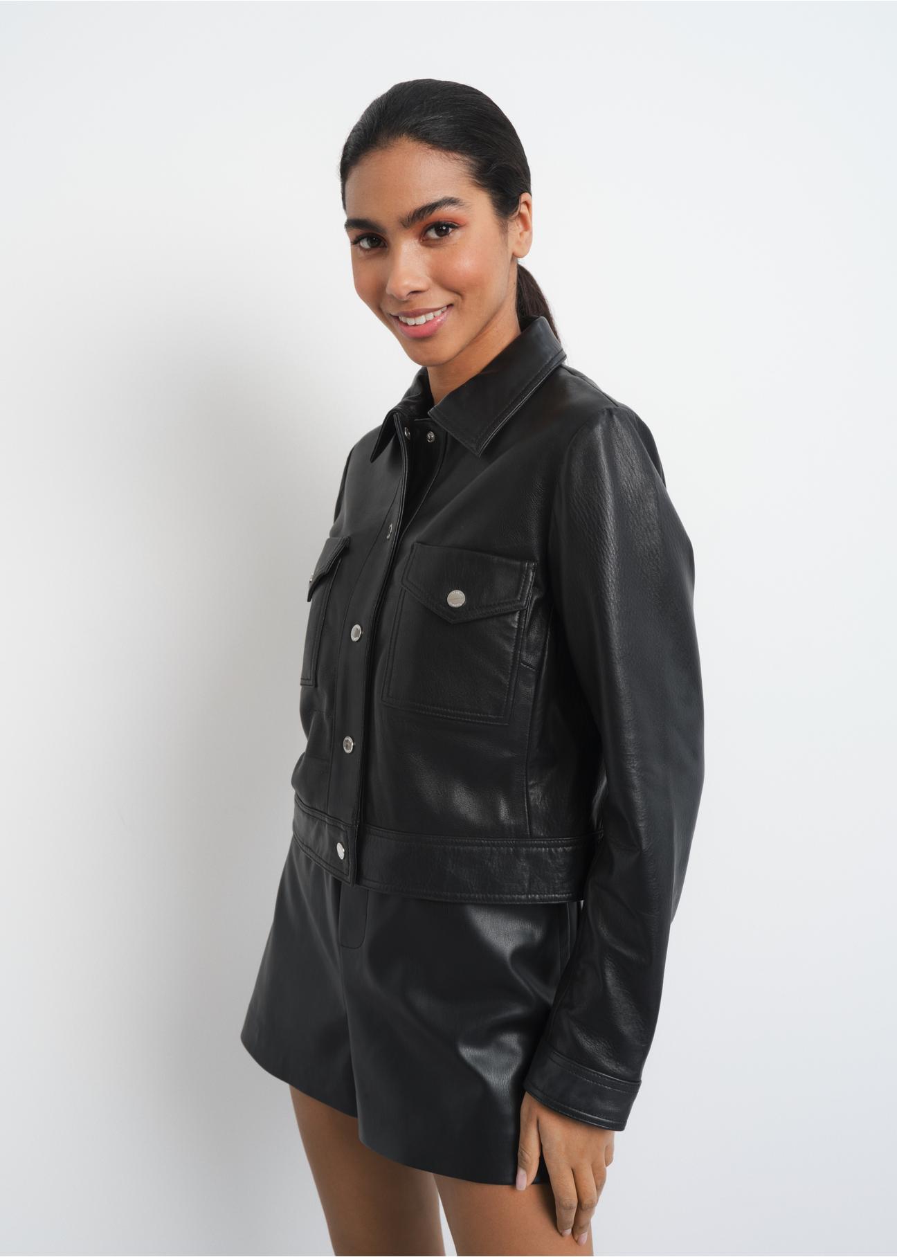 Women's leather jacket with collar KURDS-0435-5491(W23)-02