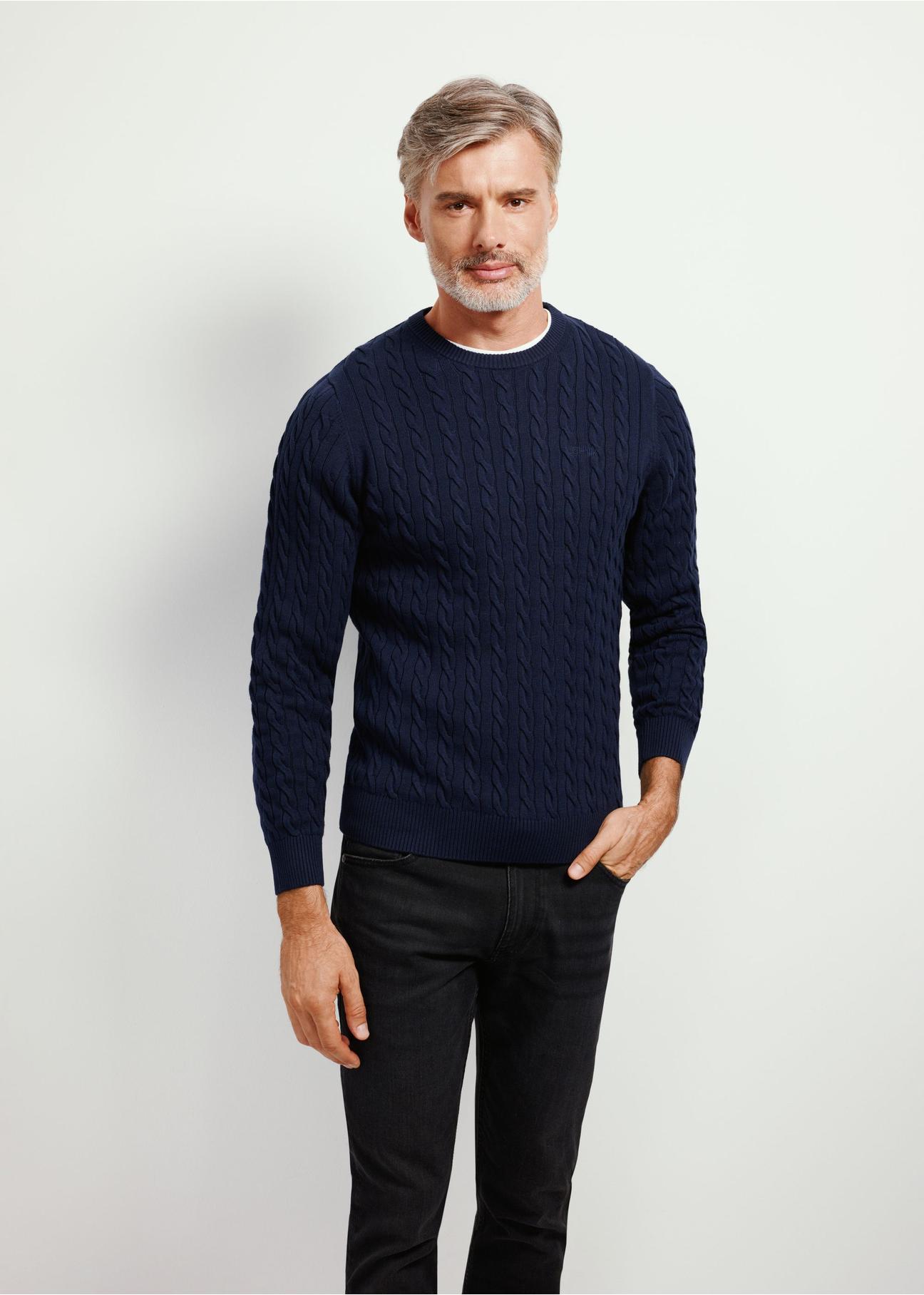 Navy blue men's cotton sweater SWEMT-0148-68(Z24)-01