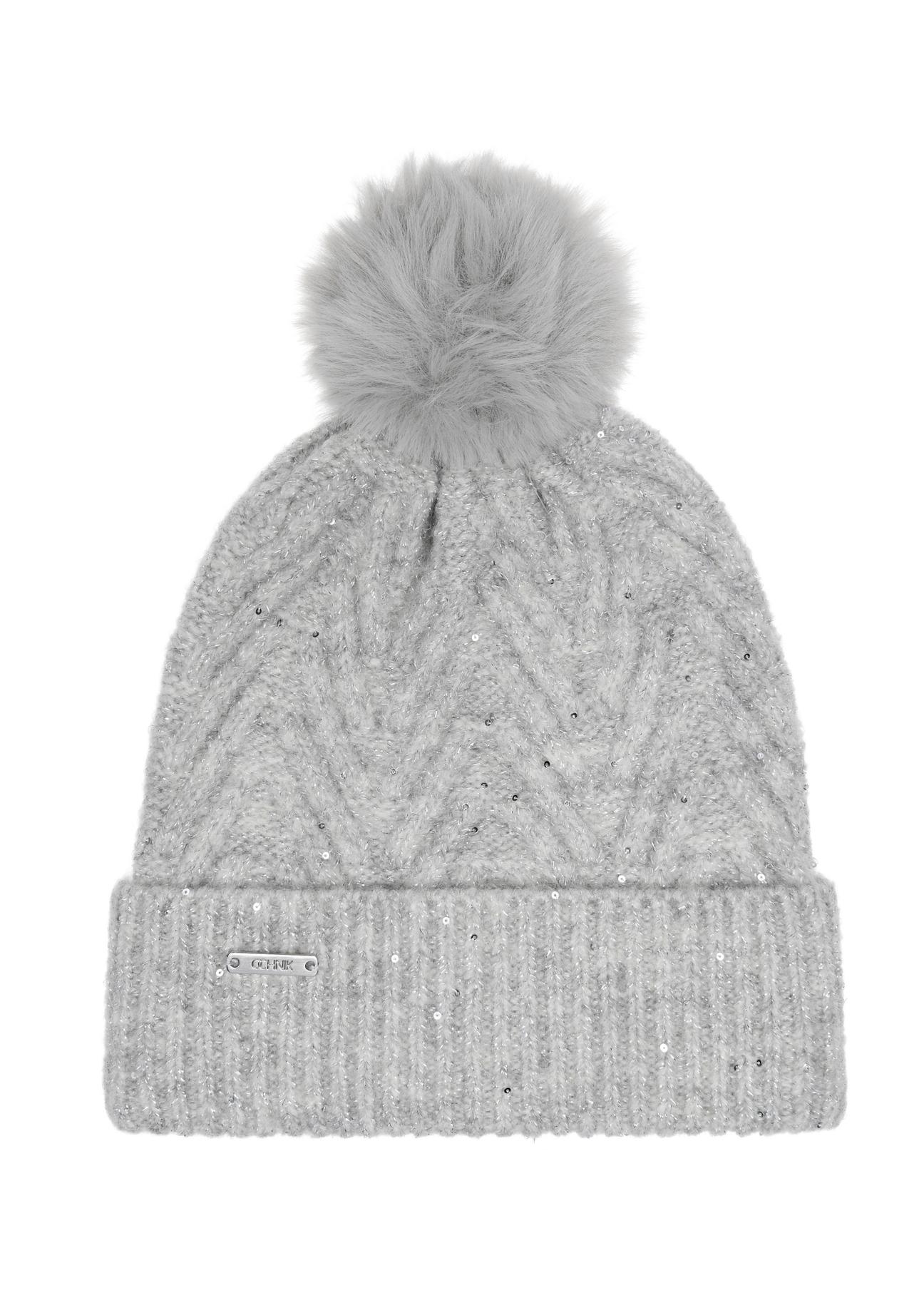 Gray women's cap with pom-pom CZADT-0175-91(Z23)-02