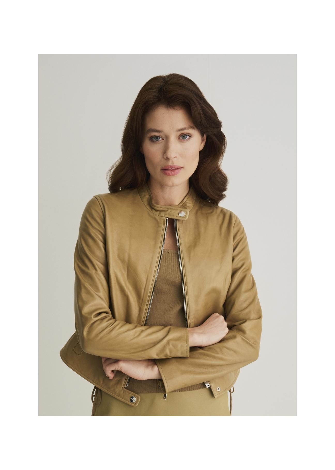 Waisted olive leather jacket for women KURDS-0368-1194(W22)-01