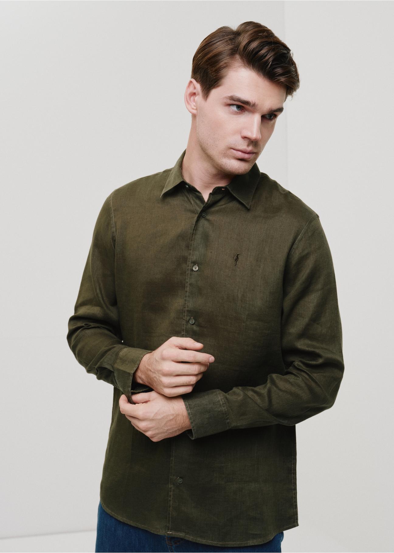 Dark green linen men's shirt KOSMT-0321-54(W24)-01